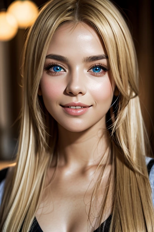 (best quality,ultra details,realistic skin),beautiful blonde smiling woman,Mediterranean origin,face view,portrait,cheerful lighting,vibrant colors, teeth, full lips, attractive, sexy