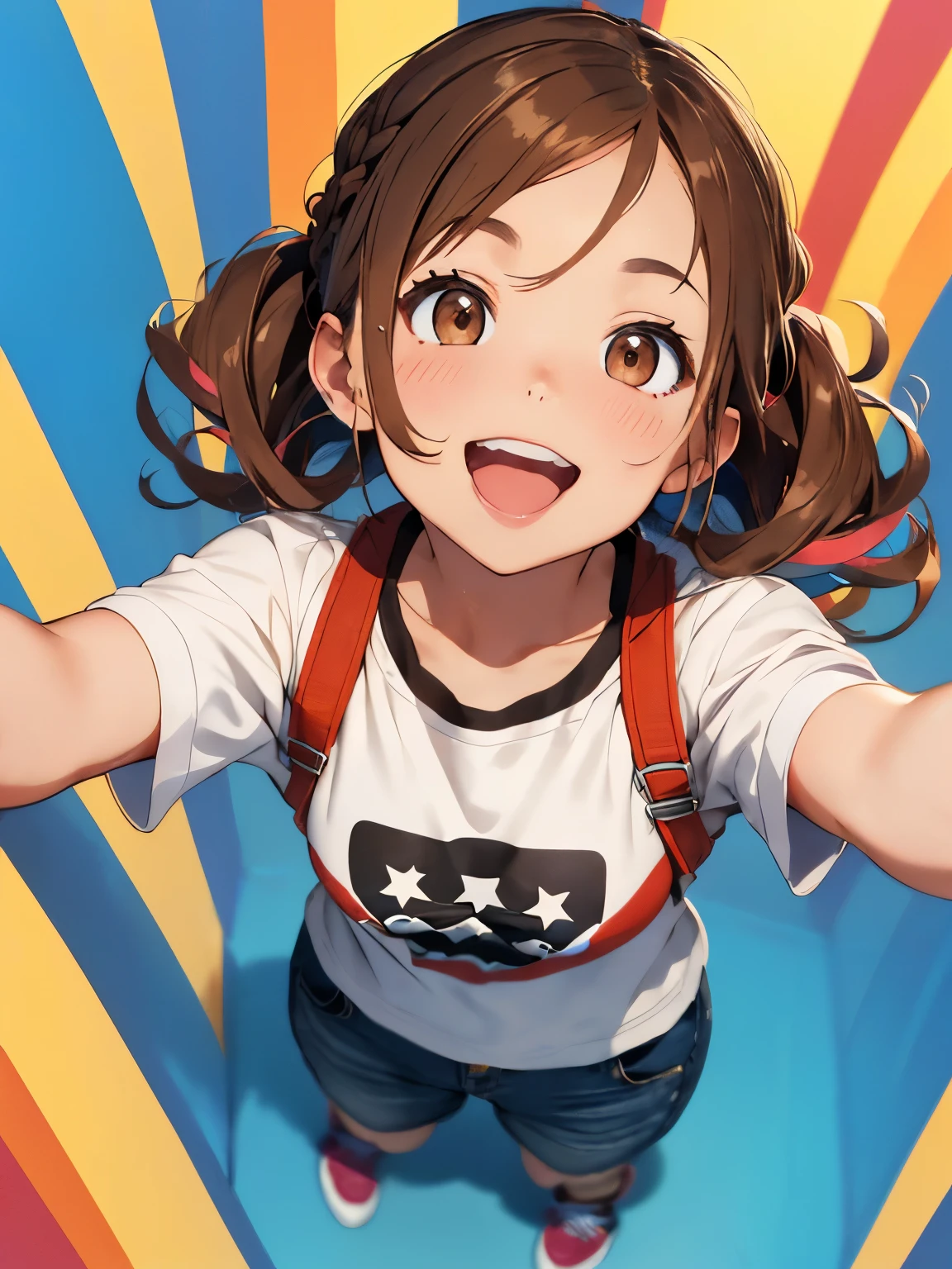 ((light brown hair)),((brown eyes)),((Braided shorthair)),((With bangs)),((fashion//Casual American coordinate:1.3)),((🇺🇸:1.25)),((Colorful and happy background:1.35)),(blush),((Open mouth and big smile:1.2)),(close up of face:1.3),((look up:1.5)),((Angle from directly above:1.4)),((Raise your arms high and do a fist pump:1.4)),(confetti:1.2)