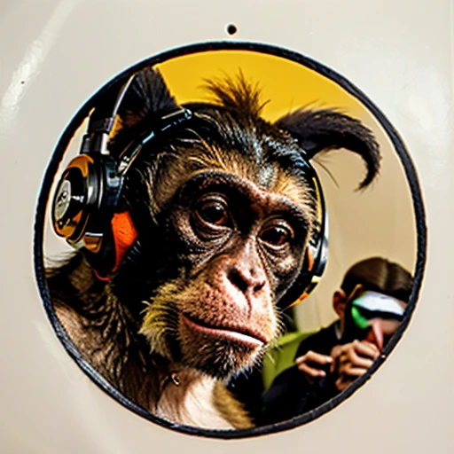 a close up of a sceptical monkey face, big ears, headphones are floating upside down, inspired by Alex Petruk APe, monkey, bored ape, face like monkey, monkeys, in style of monkeybone, in style of primal apes, ape, orange head, LP vinyl sticker design
