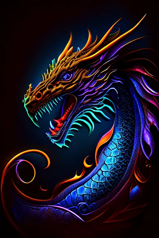 mysterious dragon, Black light painting, Arabesque background, HD