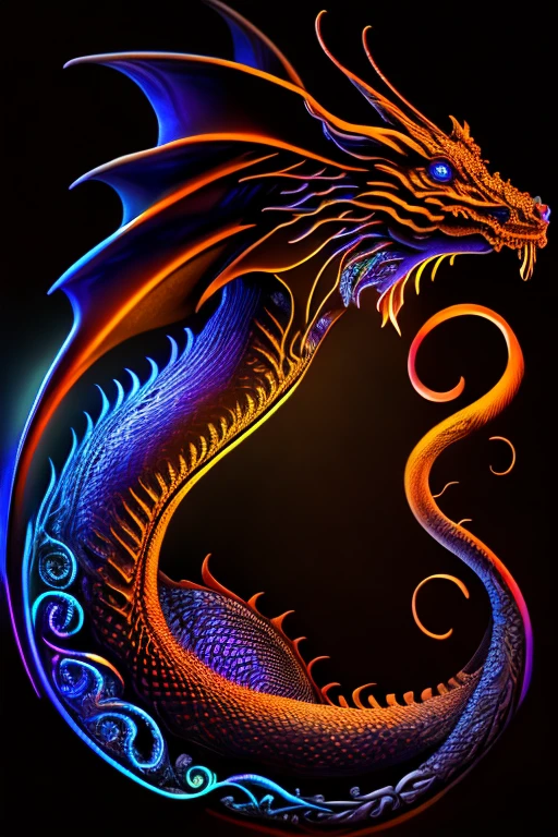 mysterious dragon, Black light painting, Arabesque background, HD
