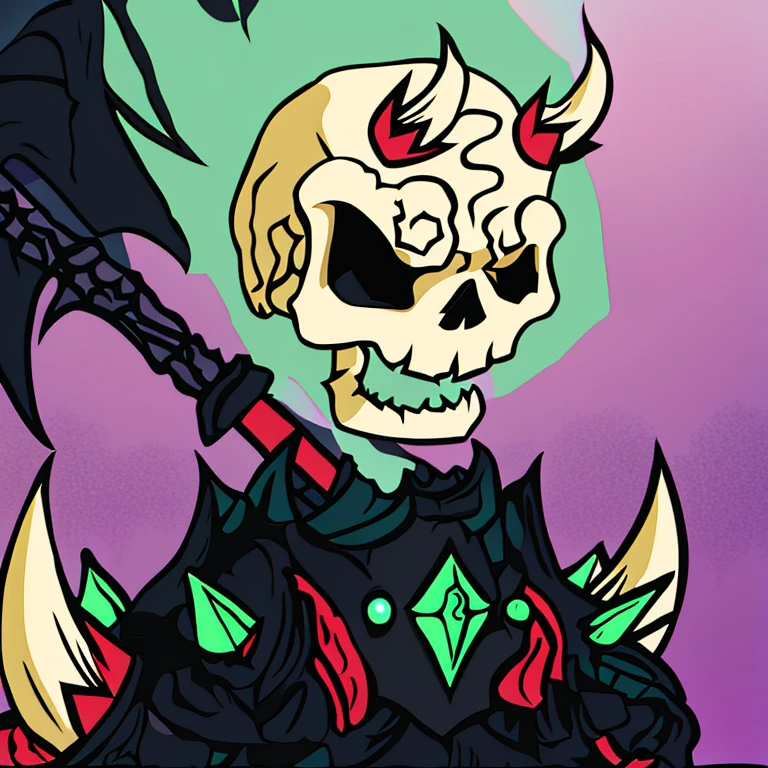 cartoon drawing of a skeleton with a sword and a skull head, undead lich, Skeleton Warrior, lich, undead The King of Skeletons, The King of Skeletons, Cyborg Necromancer, death knight, knight skeleton, an undead desert lich pharaoh, gloomy colors, benevolent android necromancer, lich demon mage class, Necromancer Demon, death knight, in hearthstone art style