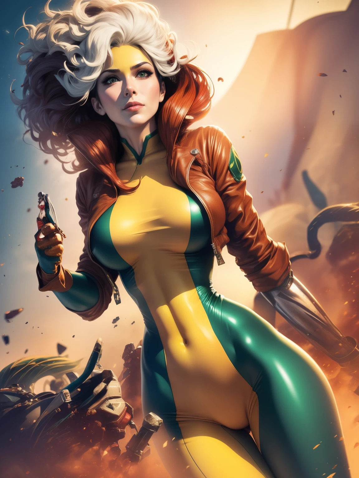 (((COMIC STYLE, CARTOON ART))). A comic-style image of Rogue member of the X-Men in dynamic pose. A woman with brown hair with a white streak, green eyes and special gloves. She is flying in the sky, with clouds in the background. She wears her traditional attire with a brown leather jacket.(((Slim Hot body, sexy, sensual, camel toes ))), (((Camel Toes))). Detailed, detailed face, intricate. Cinematic background.
