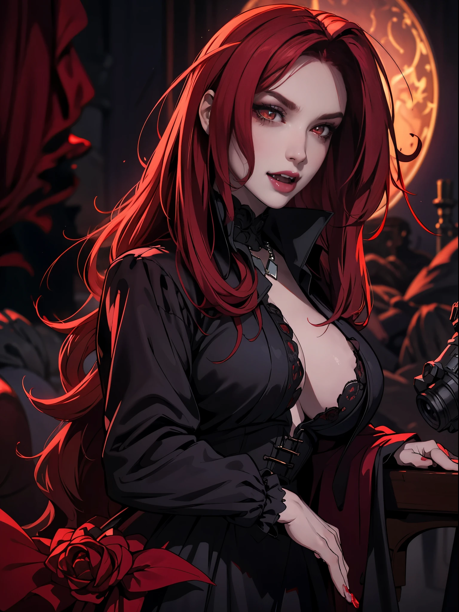 pale face, High vampire female, goth Renaissance, red hair, long hair, intricate, dark dress, glowing eyes, fantastical, vampire, fangs, hyper detailed, 32k resolution, volumetric lighting, hyper detailed, intricately detailed, Unreal Engine 5, volumetric lighting, monochrome backgound