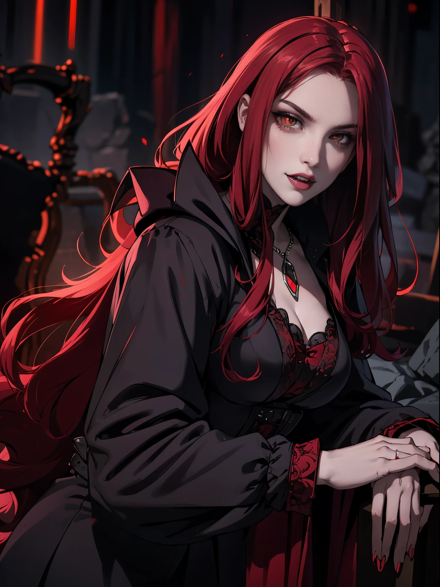 pale face, High vampire female, goth Renaissance, red hair, long hair, intricate, dark dress, glowing eyes, fantastical, vampire, fangs, hyper detailed, 32k resolution, volumetric lighting, hyper detailed, intricately detailed, Unreal Engine 5, volumetric lighting, monochrome backgound