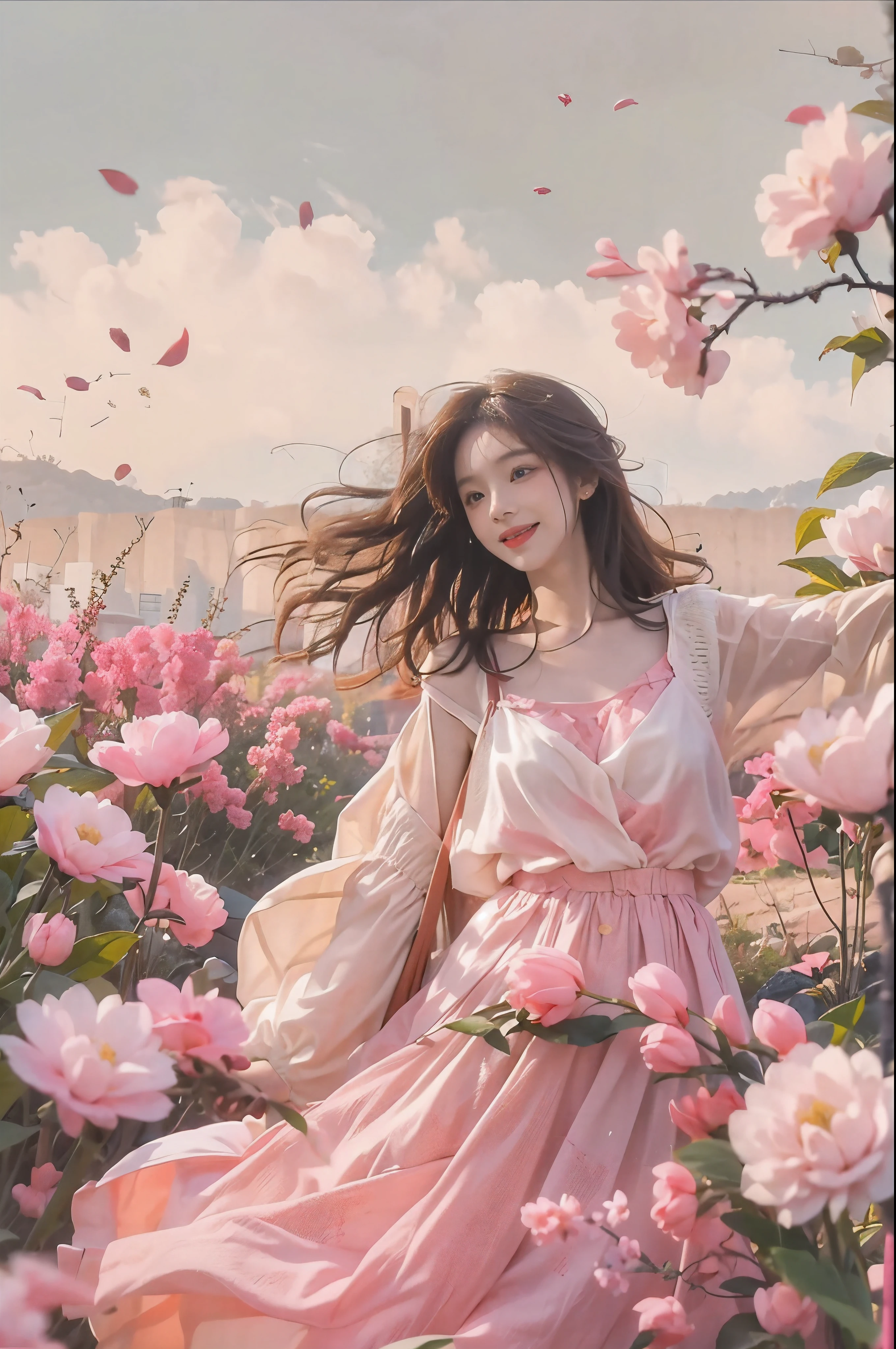 create fun images, A 28-year-old brunette woman with messy hair standing in a flower field. The background is a meadow of peach trees with a pink color scheme...。. A woman smiles and holds a bouquet of very large white flowers。..., She wears a white dress,extend it towards the viewer in a giving gesture. We will do our best to bring you a lively festival experience..。.!