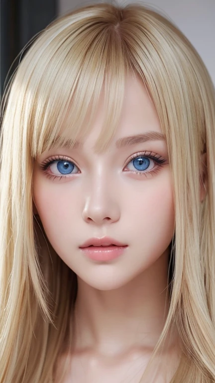 highest quality, masterpiece, (reality: 1.2), one blonde 12 year old girl, Super long, dazzling, beautiful blonde hair, Very beautiful, bright light blue, very large eyes, Front view, detailed face, bangs between the eyes、beautiful big eyes、blonde hair above the eyes、片blonde hair above the eyes、blonde between the eyes、white beautiful skin、Shiny skin、gross face、cheek gloss highlight、small face beautiful girl、