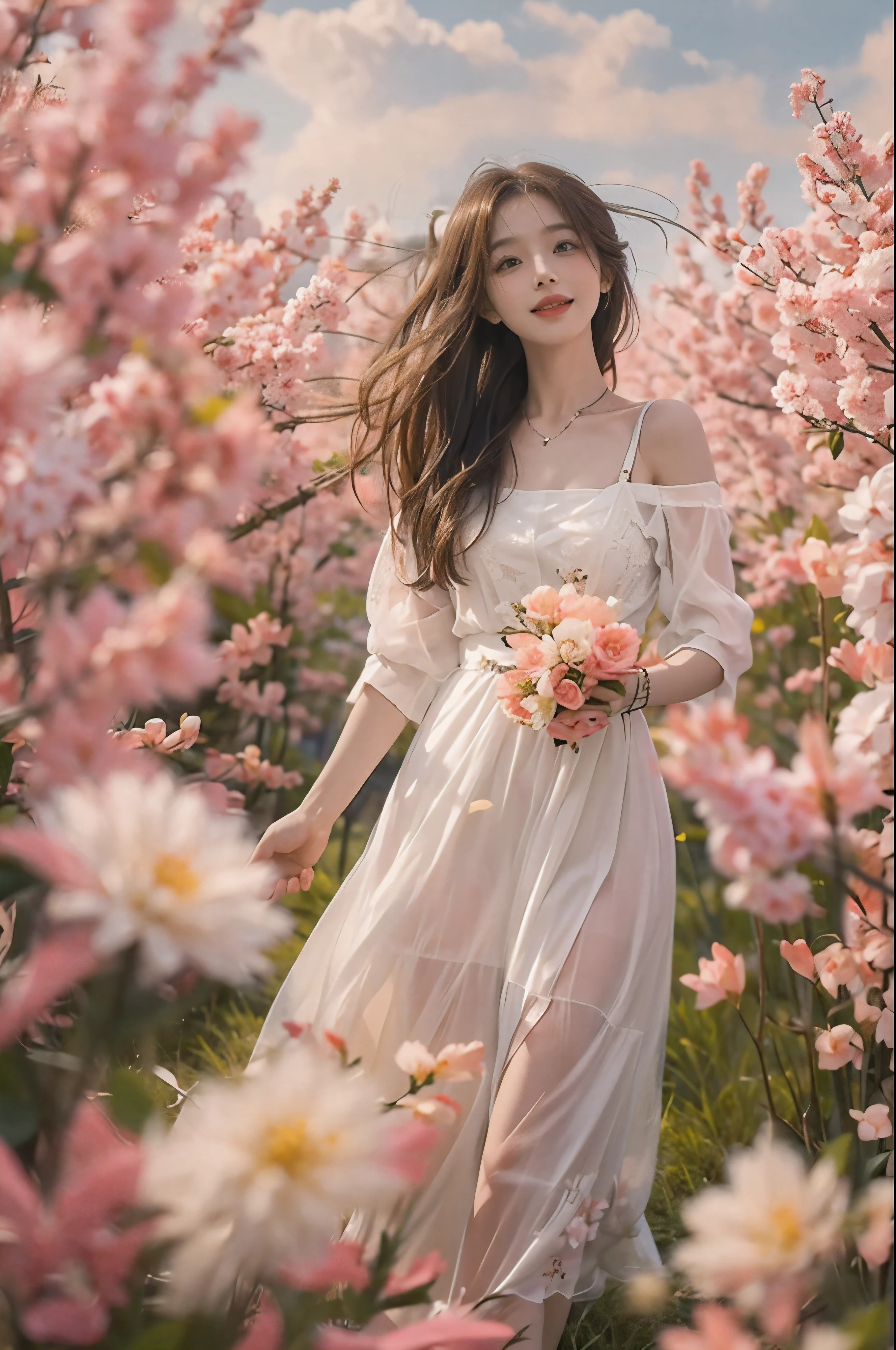 create fun images, A 28-year-old brunette woman with messy hair standing in a flower field. The background is a meadow of peach trees with a pink color scheme...。. A woman smiles and holds a bouquet of very large white flowers。..., She wears a white dress,extend it towards the viewer in a giving gesture. We will do our best to bring you a lively festival experience..。.!