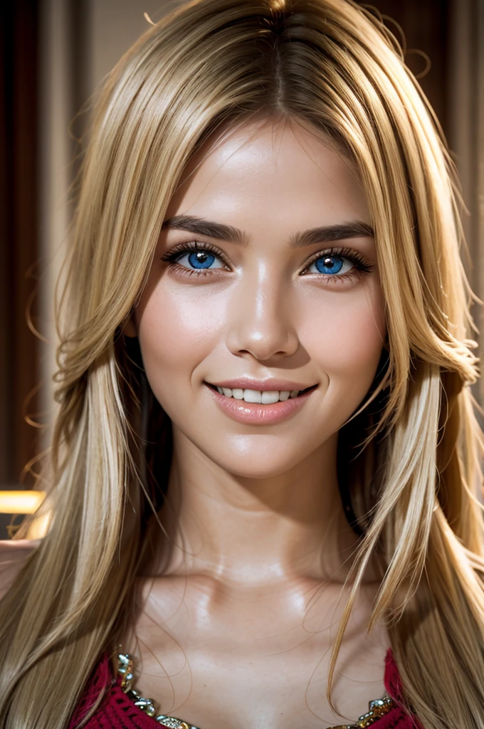 (best quality,ultra details,realistic skin),beautiful blonde smiling woman,Mediterranean origin,face view,portrait,cheerful lighting,vibrant colors, teeth, full lips, attractive, sexy