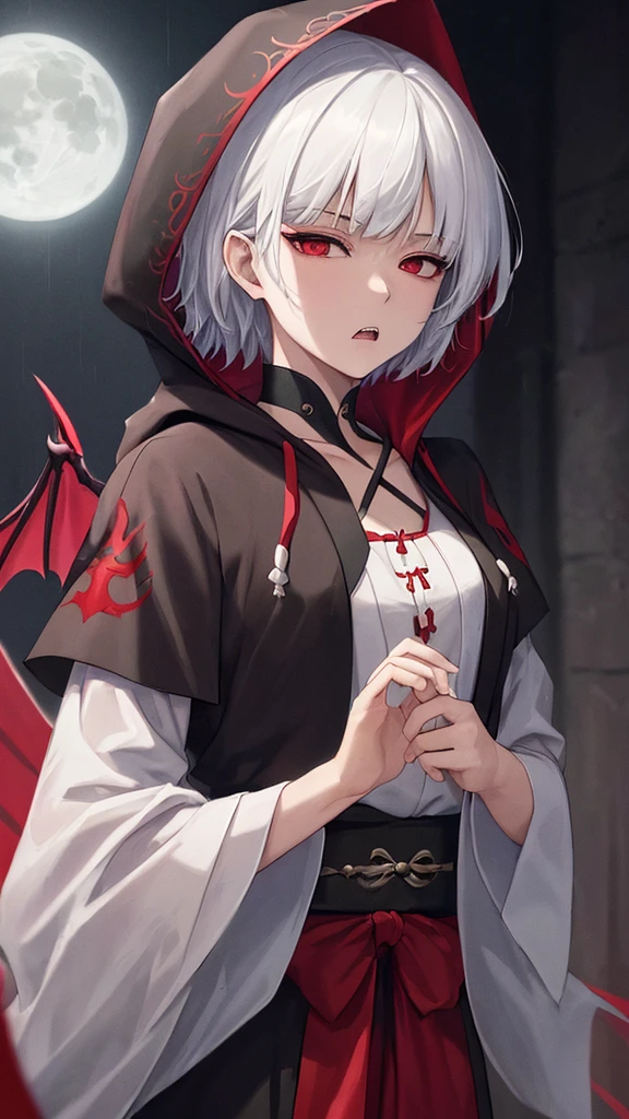 kk, best quality, more details, masterpiece, 1girl, kaneki ken, portrait, male focus, red eyes, solo, bangs, looking at viewer, hood, short hair, rain, tokyo tokyo \(hell\), hood up, nail polish, white hair, luxurious, 8k, detailed, ray tracing, depth of field, cinematic lighting, devil, demon, (((​masterpiece)))、(((top-quality)))、((ultra-detailliert))、Vampires、Vampire、King of the Night、natta、Castles、a moon、rot、cloaks、the bats、((canine teeth))、wining、Neck bite, middle ages, feudal Japan, serious expression, Shui Mo Hua, Chinese painting style, Thangka style, masterpiece, weak sunlight, depth of field, best quality, night