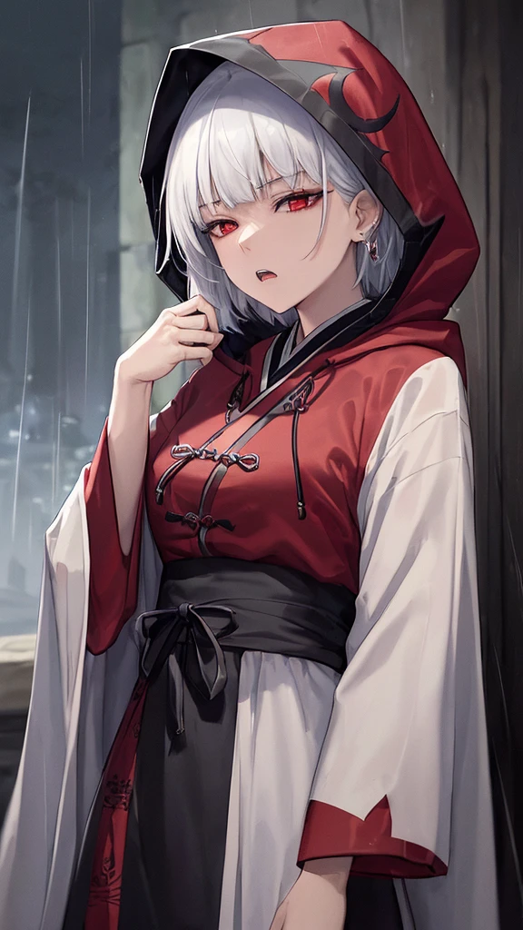 kk, best quality, more details, masterpiece, 1girl, kaneki ken, portrait, male focus, red eyes, solo, bangs, looking at viewer, hood, short hair, rain, tokyo tokyo \(hell\), hood up, nail polish, white hair, luxurious, 8k, detailed, ray tracing, depth of field, cinematic lighting, devil, demon, (((​masterpiece)))、(((top-quality)))、((ultra-detailliert))、Vampires、Vampire、King of the Night、natta、Castles、a moon、rot、cloaks、the bats、((canine teeth))、wining、Neck bite, middle ages, feudal Japan, serious expression, Shui Mo Hua, Chinese painting style, Thangka style, masterpiece, weak sunlight, depth of field, best quality, night
