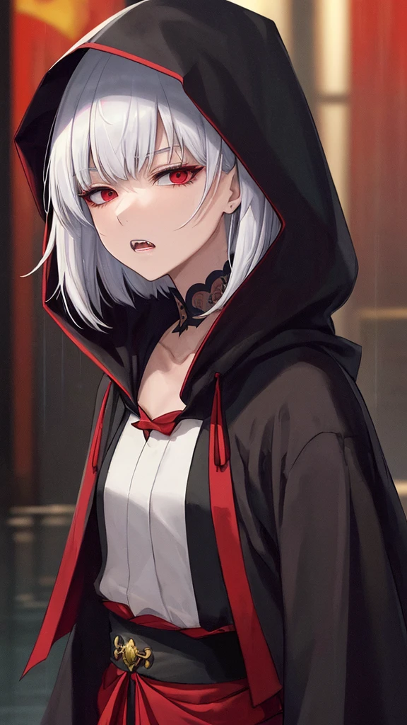 kk, best quality, more details, masterpiece, 1girl, kaneki ken, portrait, male focus, red eyes, solo, bangs, looking at viewer, hood, short hair, rain, tokyo tokyo \(hell\), hood up, nail polish, white hair, luxurious, 8k, detailed, ray tracing, depth of field, cinematic lighting, devil, demon, (((masterpiece)))、(((top-quality)))、((ultra-detailliert))、Vampires、Vampire、King of the Night、natta、Castles、a moon、rot、cloaks、the bats、((canine teeth))、wining、Neck bite, middle ages, feudal Japan, serious expression, Shui Mo Hua, Chinese painting style, Thangka style, masterpiece, weak sunlight, depth of field, best quality, night