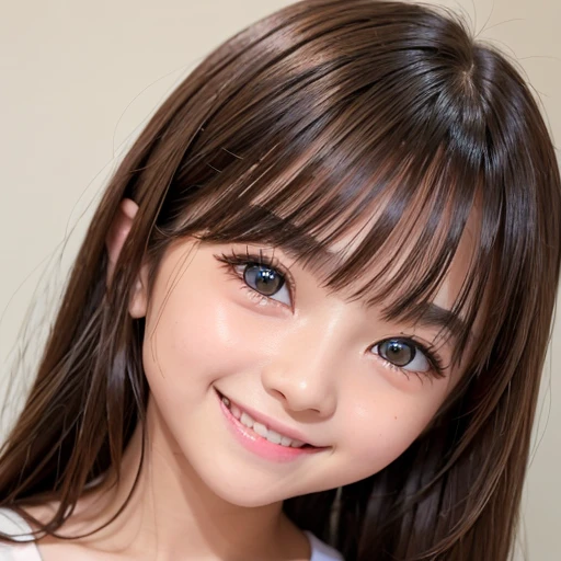 1 girl、smooth skin、(((happy smile)))、gaze towards the viewer、cute girl with beautiful face、(10 years old)、pointed chest、long eyelashes、colored contact lenses、big 、Delicate、very fine eyes、(thin eyebrows)、very very detailed face、((brunette tousled hair))、Girl posing
