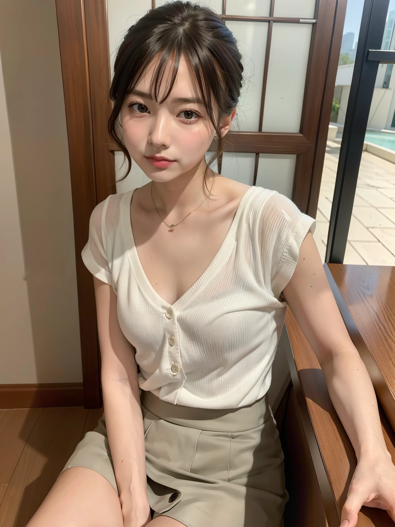 ((Best of the highest quality, 8k, Masterpiece: 1.3, raw photo)), Sharp focus: 1.2, (1 AESPA girl: 1.1), (Solo: 1.18), (realistic, photo-realistic:1.37), face focus, cute face, (Small breasts, flat chest, Thigh: 1.3), short messy hair, updo, Small Smile, slender, naked, (business skirt: 1.3), sitting, bar, flower, dahlia