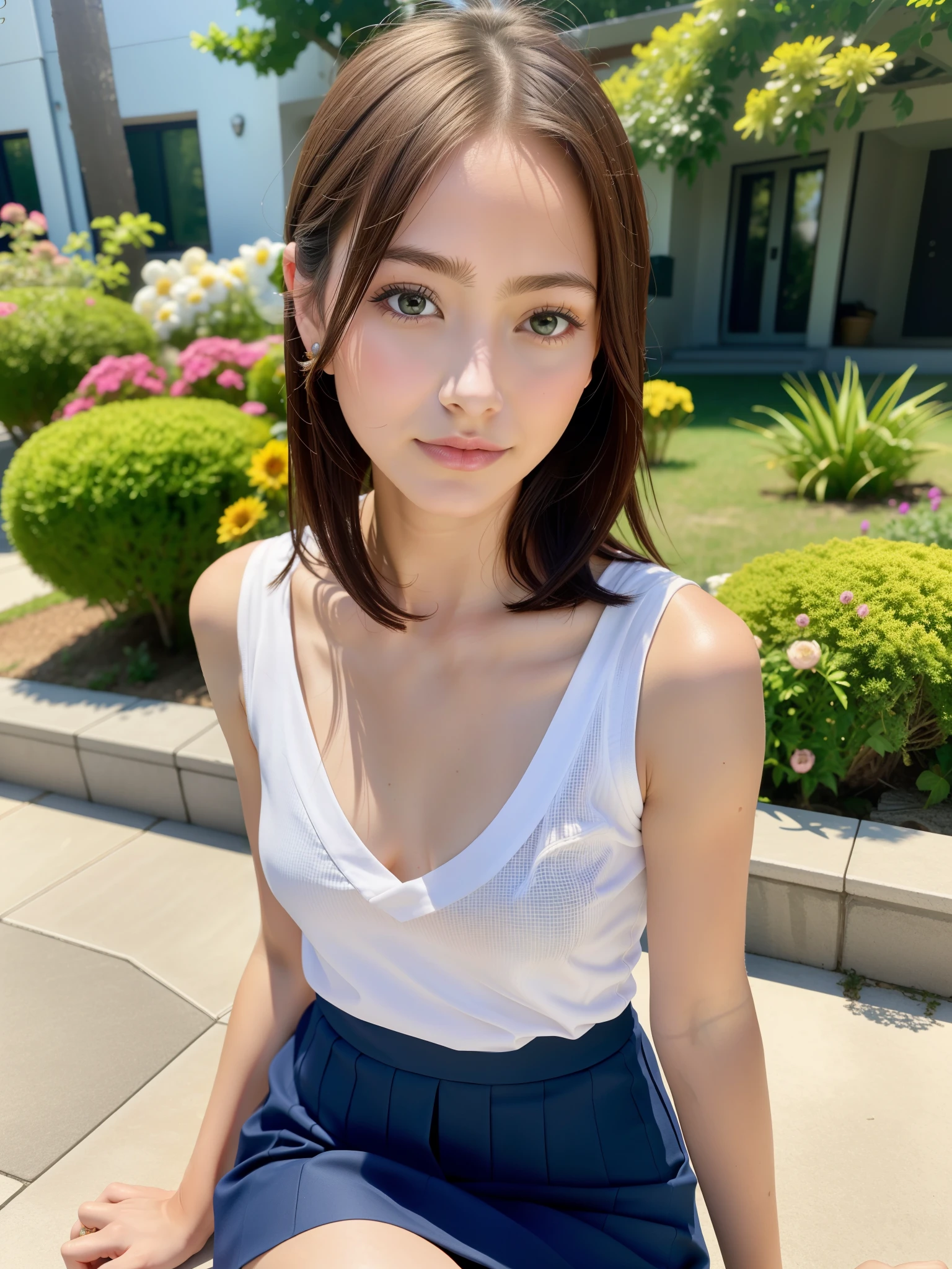 ((Best of the highest quality, 8k, Masterpiece, raw photo: 1.2)), (Sharp focus: 1.2), (1 AESPA, slim body type female, 21 y/o: 1.1), (solo: 1.28), (realistic, photo-realistic:1.37), face focus, cute face, finely eyes, (droopy eyes: 1.32), (Emphasize prominent aegyo-sal with bright: 1.2), shimmering eyeshadow applied under the lower lash line, paired with thick, (small breasts, flat chest, Thigh: 1.3), (short messy hair: 1.28), (neat silk camisole, school uniform skirt: 1.32), walking in rice field, paddy field, flower, (from below: 1.12)
