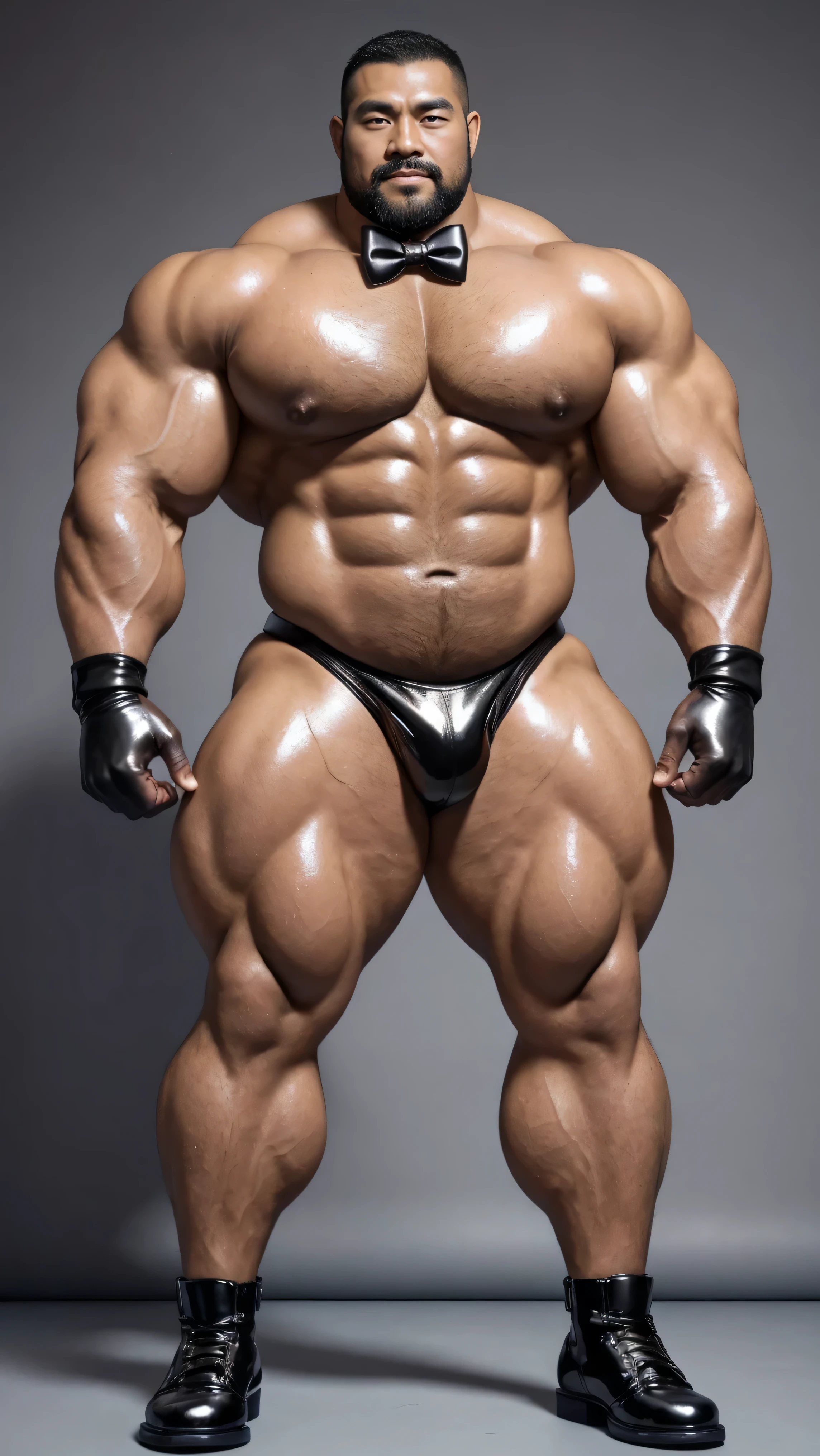 There is only one person in the picture，a chinese bodybuilder，35 years old，Tall, mighty and handsome，standing in front of gray background board，Paired with black glossy leather bow tie，short hair, O-shaped beard，Perfect body, Dark and shiny complexion，Muscle bulge, muscular, Very big pecs，Very sexy abs，Leg muscles are very developed，Tall and burly，Huge bumpy area，Brighten oily skin，Black leather shiny leather gloves, Wearing a gold leather shiny thong, Wear black leather shoes to shine，handsome face，detailed facial features, Correct and accurate male anatomy, full-body shot, Large pecs, Wet oil wax gloss for oily muscles and skin，Professional photography。