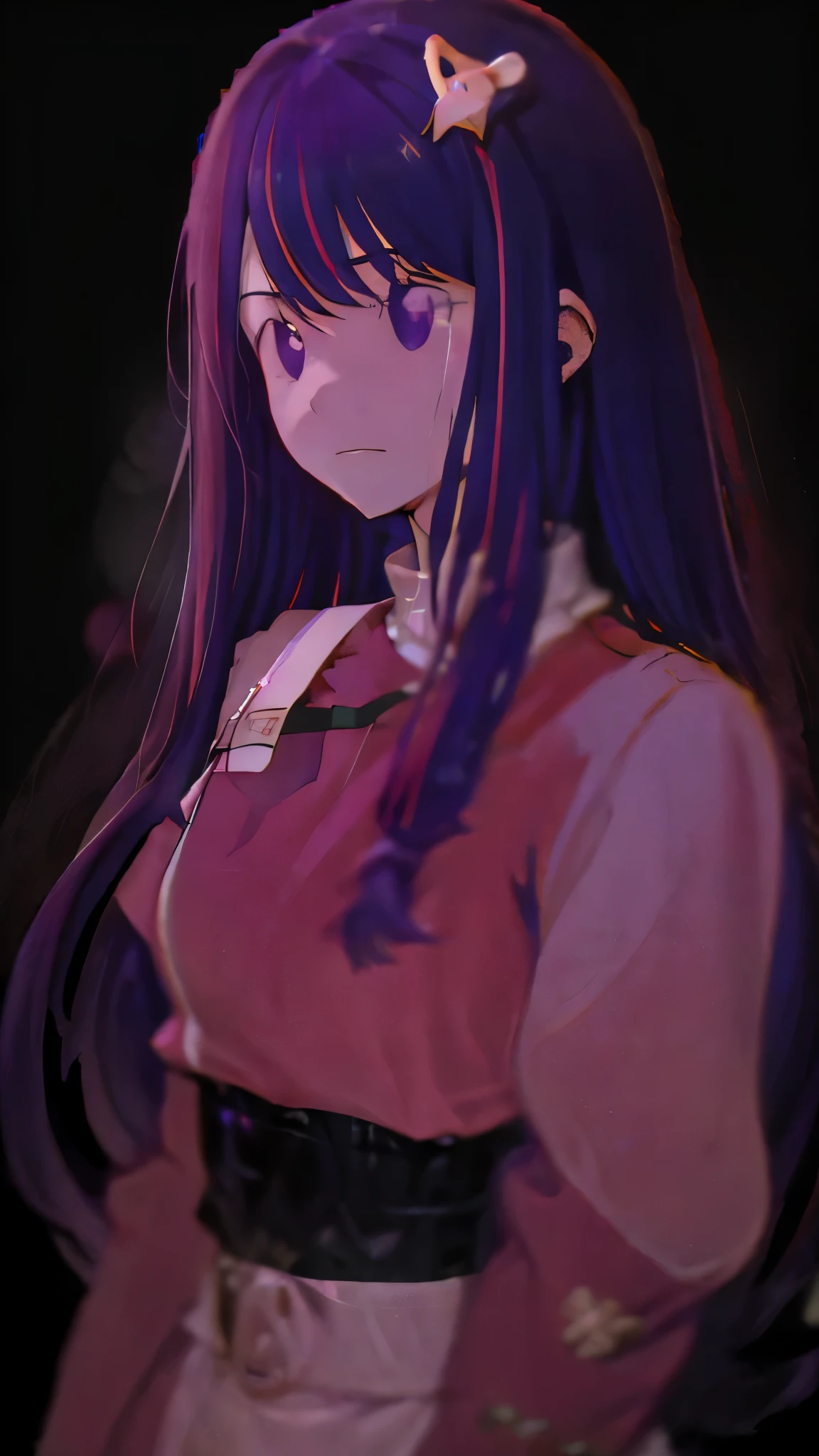 1 fullframe Hoshino Ai, long hair, purple hair, streaked hair ,purple eyes, star-shaped pupils, hair ornament, esyes closed hurt expression  twokunf uniform on a blank netural background