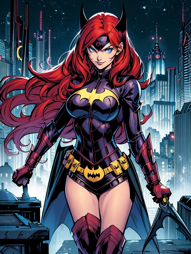 /imagine prompt: An anime-style portrait of Batgirl, with long red hair, blue eyes, and a black and yellow costume. She is smiling confidently and holding a batarang in her hand. The background is a dark and gritty Gotham City, with the Bat-Signal shining in the sky.