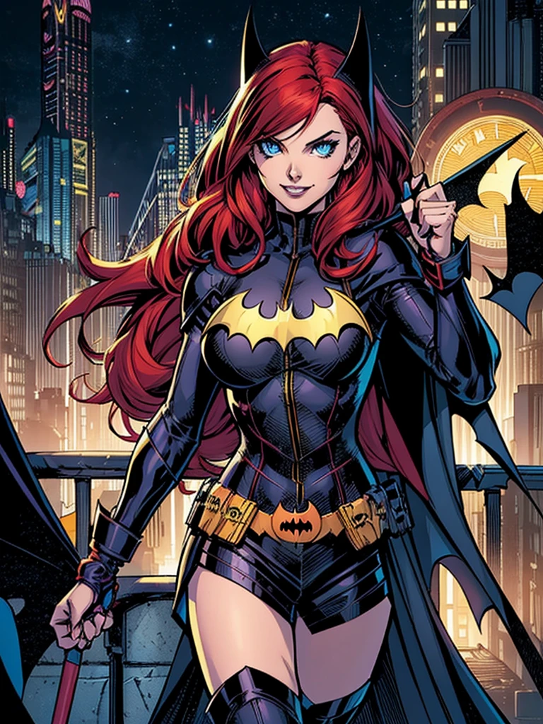 /imagine prompt: An anime-style portrait of Batgirl, with long red hair, blue eyes, and a black and yellow costume. She is smiling confidently and holding a batarang in her hand. The background is a dark and gritty Gotham City, with the Bat-Signal shining in the sky.