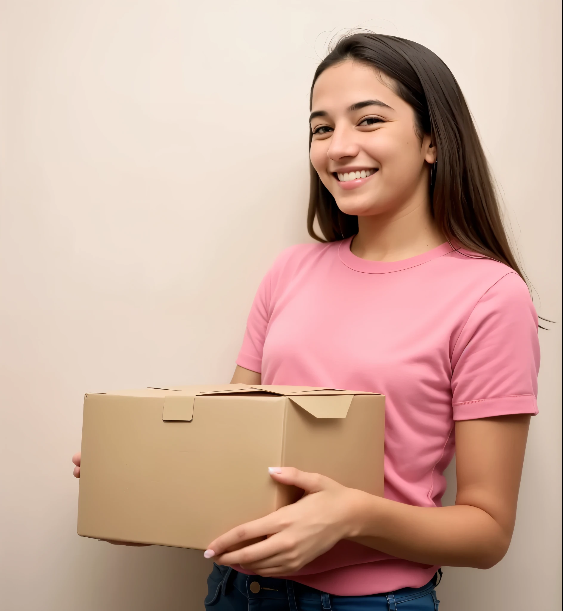 a woman holding a box in her hands and smiling, entregando caixa de encomendas, entregando pacotes para amazon, with a happy expression, jovem, delivering mail, segurando um material, photo of mulher jovem, she is smiling and excited, Pequeno, em movimento, a cute mulher jovem, infp mulher jovem, mulher jovem, retrato de alta qualidade, prompt mulher jovem, carregando uma bandeja