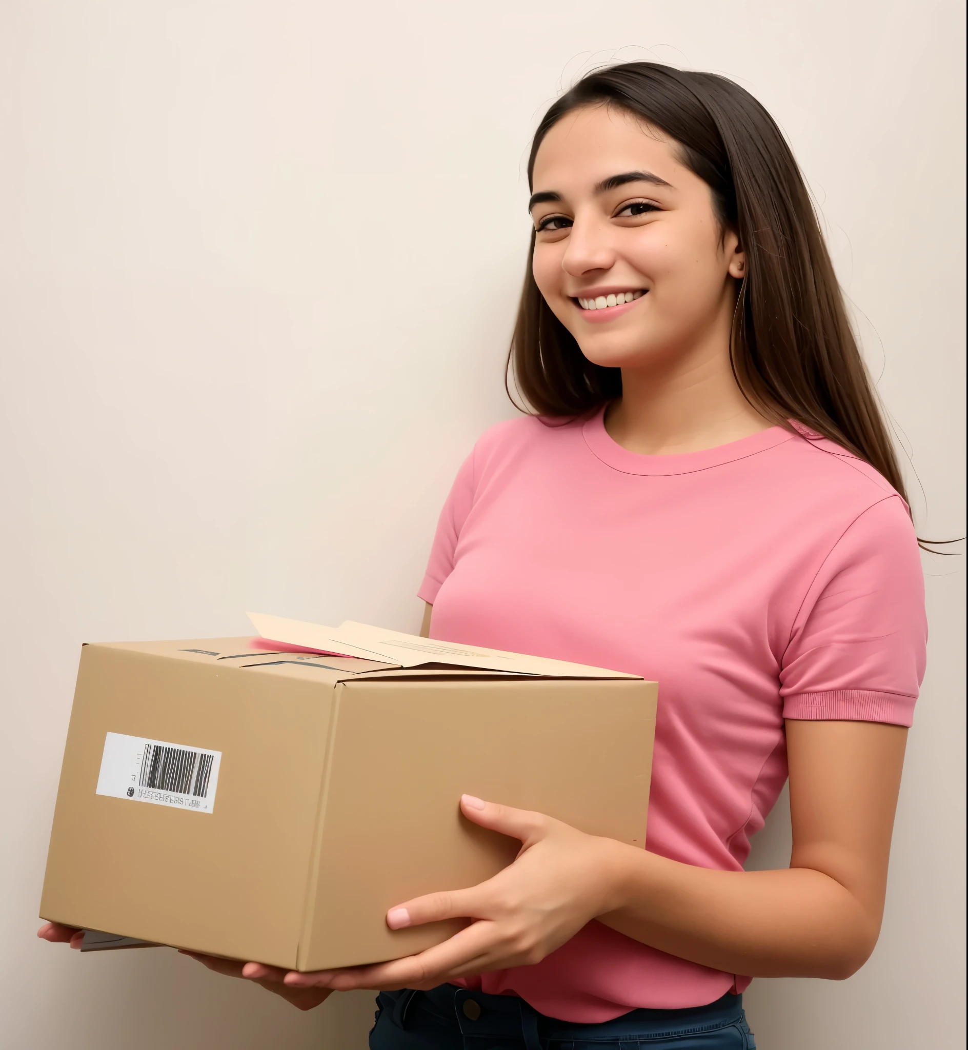 a woman holding a box in her hands and smiling, entregando caixa de encomendas, entregando pacotes para amazon, with a happy expression, jovem, delivering mail, segurando um material, photo of mulher jovem, she is smiling and excited, Pequeno, em movimento, a cute mulher jovem, infp mulher jovem, mulher jovem, retrato de alta qualidade, prompt mulher jovem, carregando uma bandeja