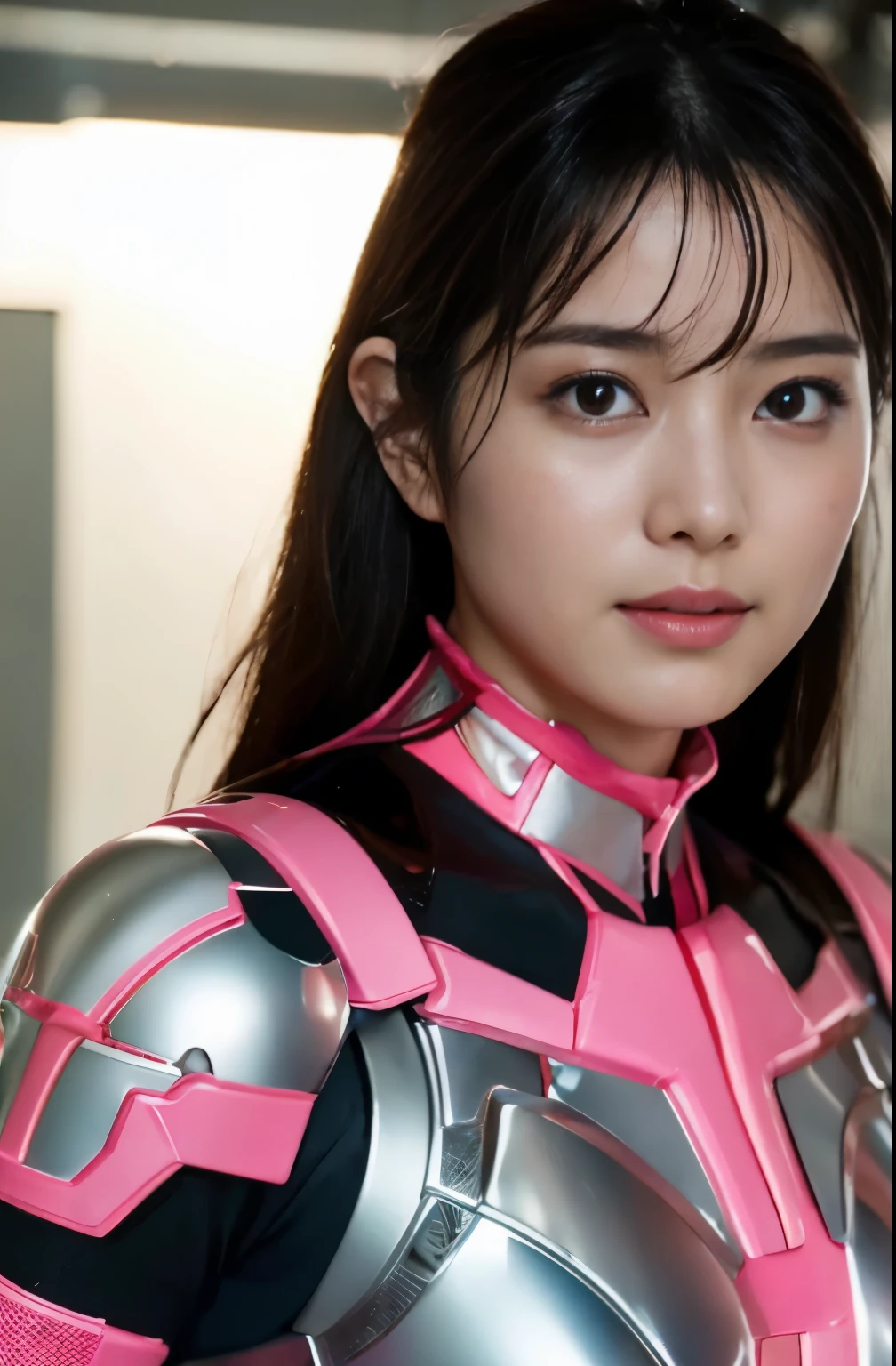 pink power range lemele、realistic, shiny dark pink and white suit、Power Rangers Bodysuit、professional photos、don&#39;t expose your skin, japanese model,The skin is not exposed、thick body, laughter、big breasts、black haired、sweaty face、No sleeve