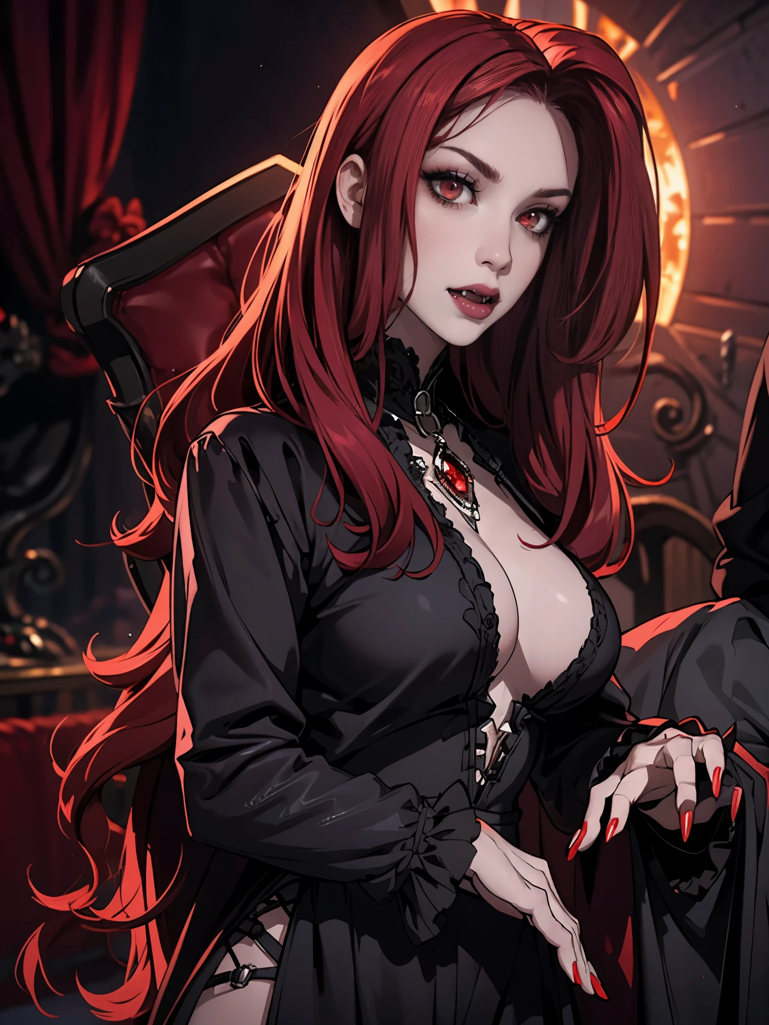 pale face, High vampire female, goth Renaissance, red hair, long hair, intricate, dark dress, glowing eyes, fantastical, vampire, fangs, hyper detailed, 32k resolution, volumetric lighting, hyper detailed, intricately detailed, Unreal Engine 5, volumetric lighting, monochrome backgound