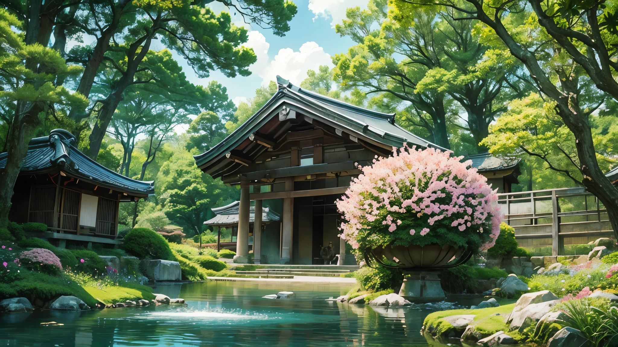 japanese countryside, sphere, cloudy, flowers, ((masterpiece: 1.3))