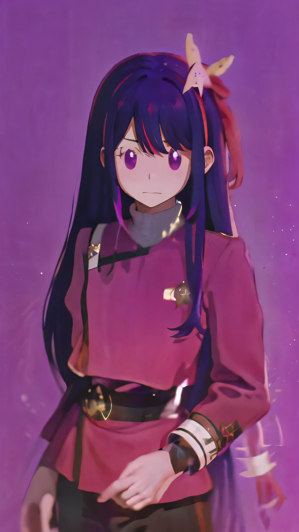 1 fullframe Hoshino Ai, long hair, purple hair, streaked hair ,purple eyes, star-shaped pupils, hair ornament, esyes closed hurt expression  twokunf uniform on a blank netural background