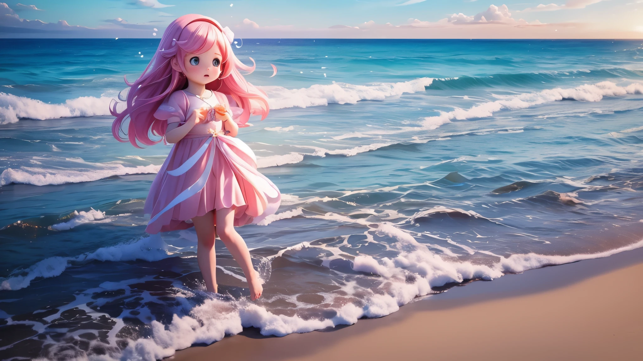 photoRealstic、Illustration of a girl on the beach,She is a magical girl、however、Magic can fail