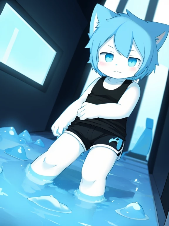 white cat cub，Enter the light blue slime ball，Wearing black shorts