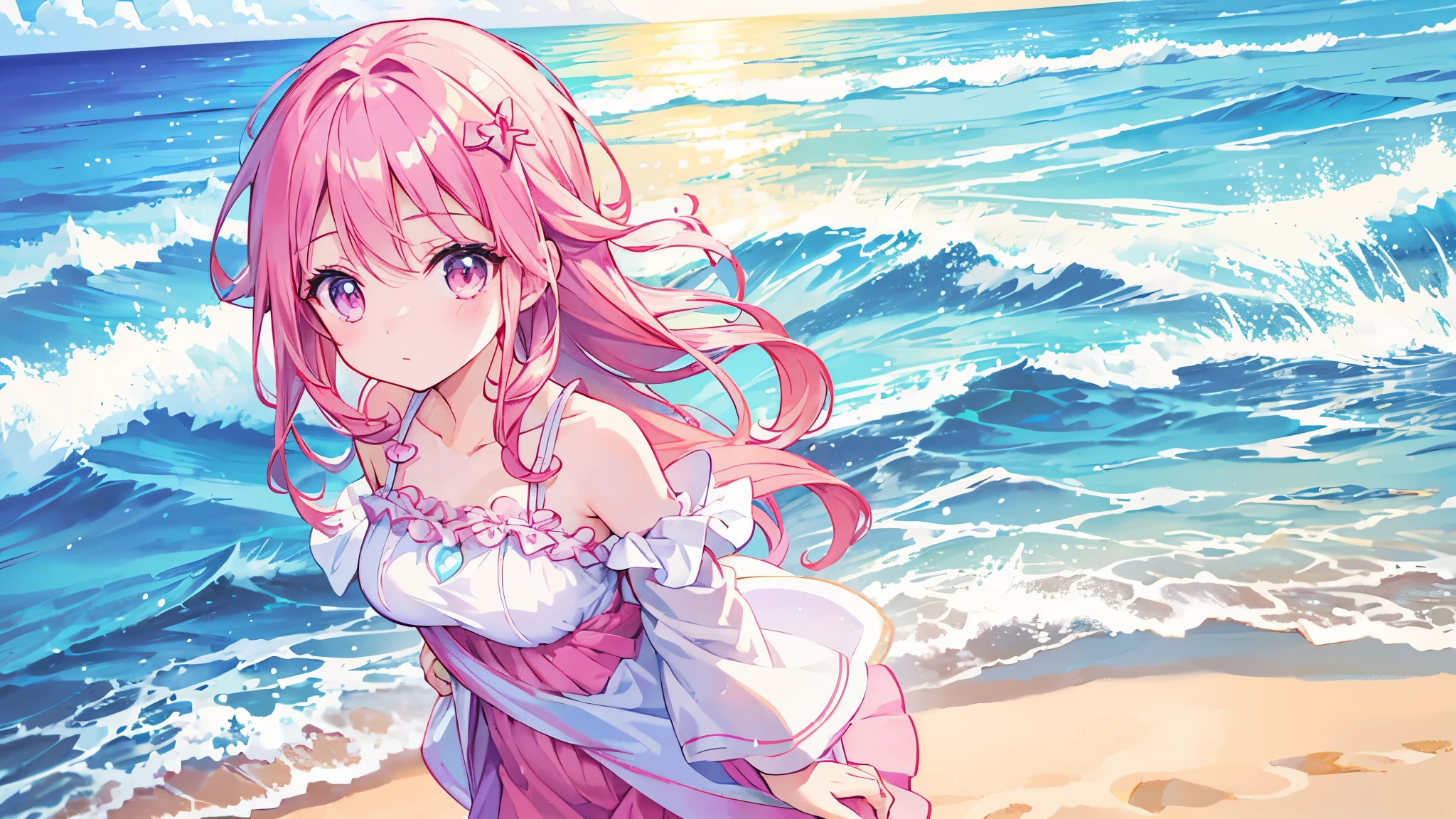 photoRealstic、Illustration of a girl on the beach,She is a magical girl、however、Magic can fail