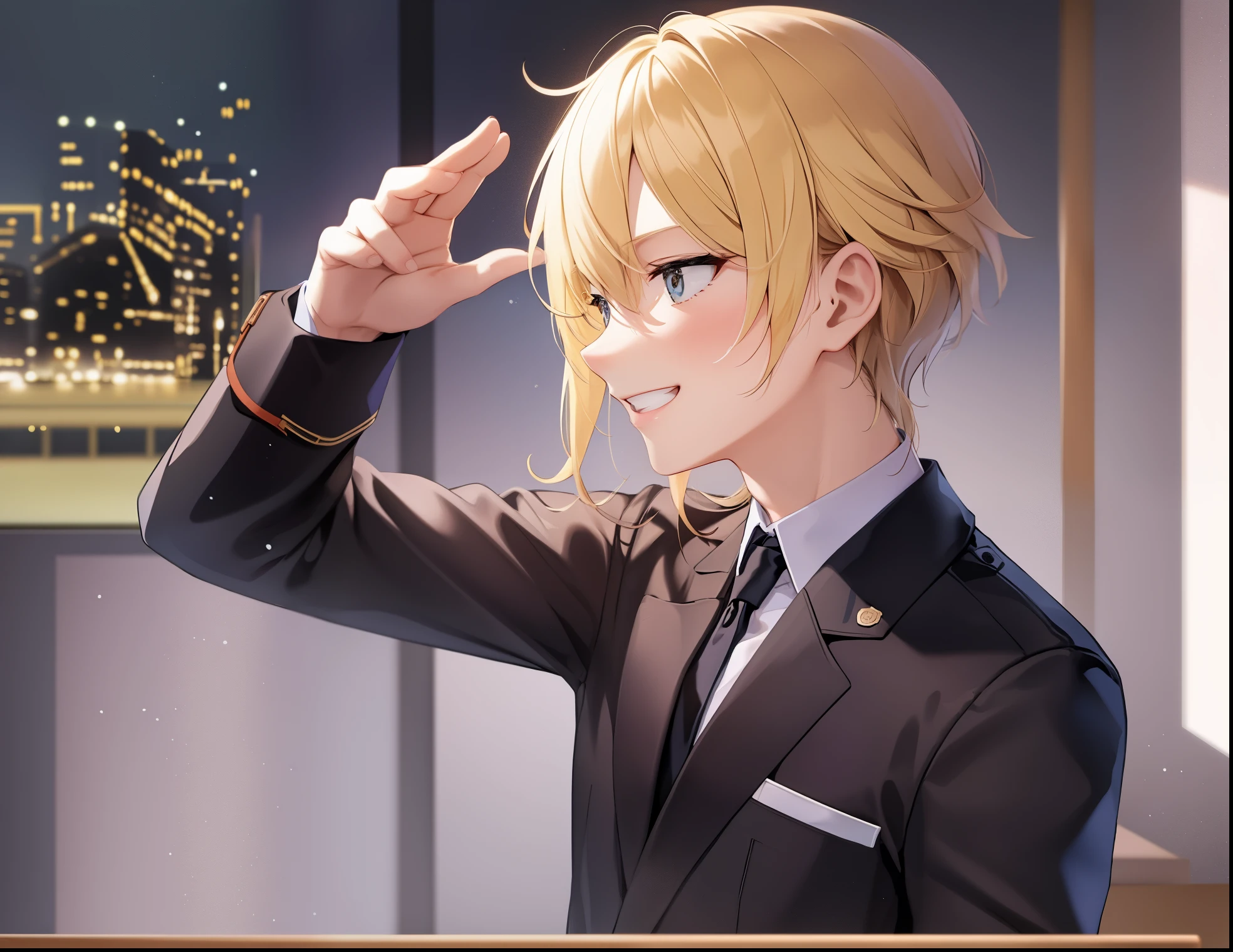 The background is a conference room、wall、elbow
