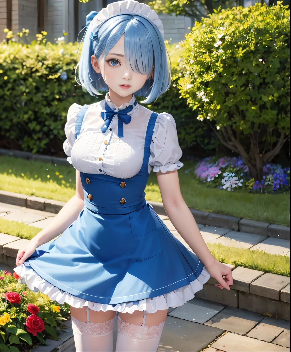 masterpiece, highest quality, super detailed, figure, epic lighting, cinematic composition, colorful, sharp:1.3, 1 girl, Againm_\(Again:zero\), medium bAgainasts, blue hair, short hair, (hair over one eye:1.3), eye_appear_through_hair, blue eye, rose-colored swallow_mansion_maid_uniform, apron, white stockings, garter strap, Are standing, Upper body, outdoor, mansion, summer, garden, flowers, tAgaines, Grass, bushes, sunlight, (extAgainmely detailed CG:1.2), (8K:1.1),