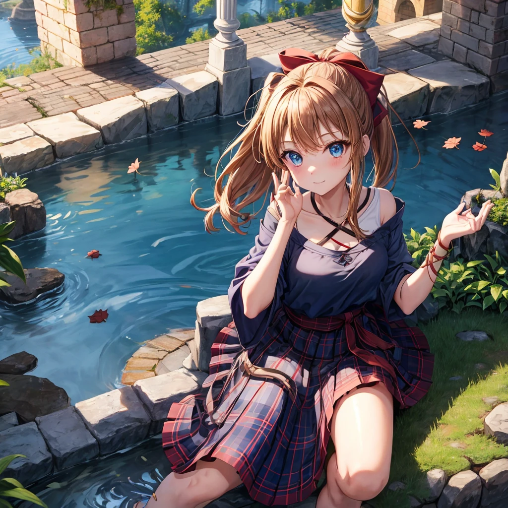 reddish-brown blonde、blue hair、blue eyes、ponytail、one good looking girl、solo、anime、Plaid miniskirt、camisole、sitting、black t-shirt、Tilting your face、Doing the ribbon、Ribbon at waist、sunset sky、broken stone steps、Remains、tunnel、Fallen leaves、Light and shadow、monster castle、One leg is raised、castle floating in the air、column、Jewelry box、flag、sparks fall、forest、Hand mirror、bondage、tall grass grows、cloak、circular cobblestone、the ground is cracked、aquarium、Vortex of Light、looking down、Fairies are flying