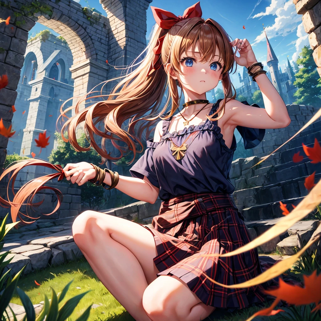 reddish-brown blonde、blue hair、blue eyes、ponytail、one good looking girl、solo、anime、Plaid miniskirt、camisole、sitting、black t-shirt、Tilting your face、Doing the ribbon、Ribbon at waist、sunset sky、broken stone steps、Remains、tunnel、Fallen leaves、Light and shadow、monster castle、One leg is raised、castle floating in the air、column、Jewelry box、flag、sparks fall、forest、Hand mirror、bondage、tall grass grows、cloak、circular cobblestone、the ground is cracked、aquarium、Vortex of Light、looking down、Fairies are flying