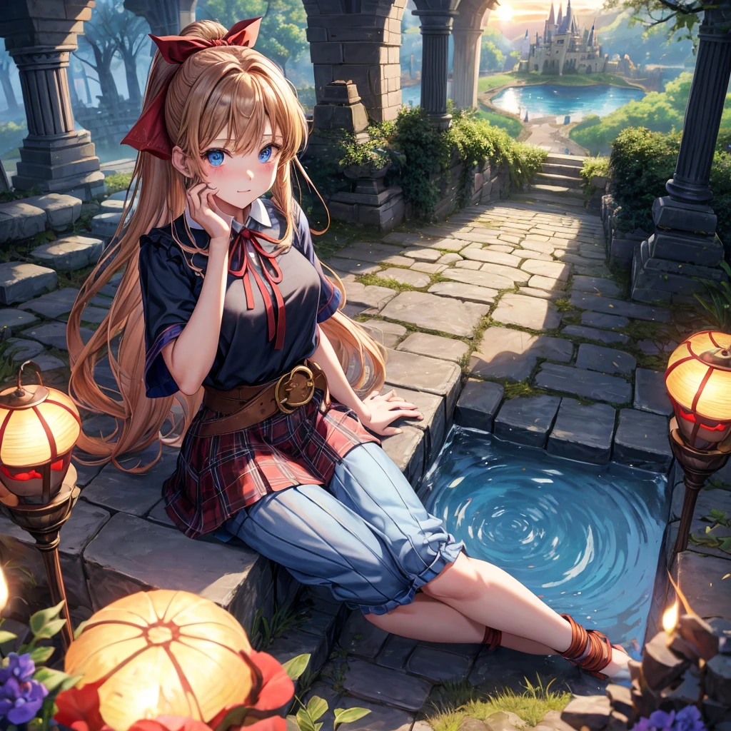 reddish-brown blonde、blue hair、blue eyes、ponytail、one good looking girl、solo、anime、Plaid miniskirt、camisole、sitting、black t-shirt、Tilting your face、Doing the ribbon、Ribbon at waist、sunset sky、broken stone steps、Remains、tunnel、Fallen leaves、Light and shadow、monster castle、One leg is raised、castle floating in the air、column、Jewelry box、flag、sparks fall、forest、Hand mirror、bondage、tall grass grows、cloak、circular cobblestone、the ground is cracked、aquarium、Vortex of Light、looking down、Fairies are flying