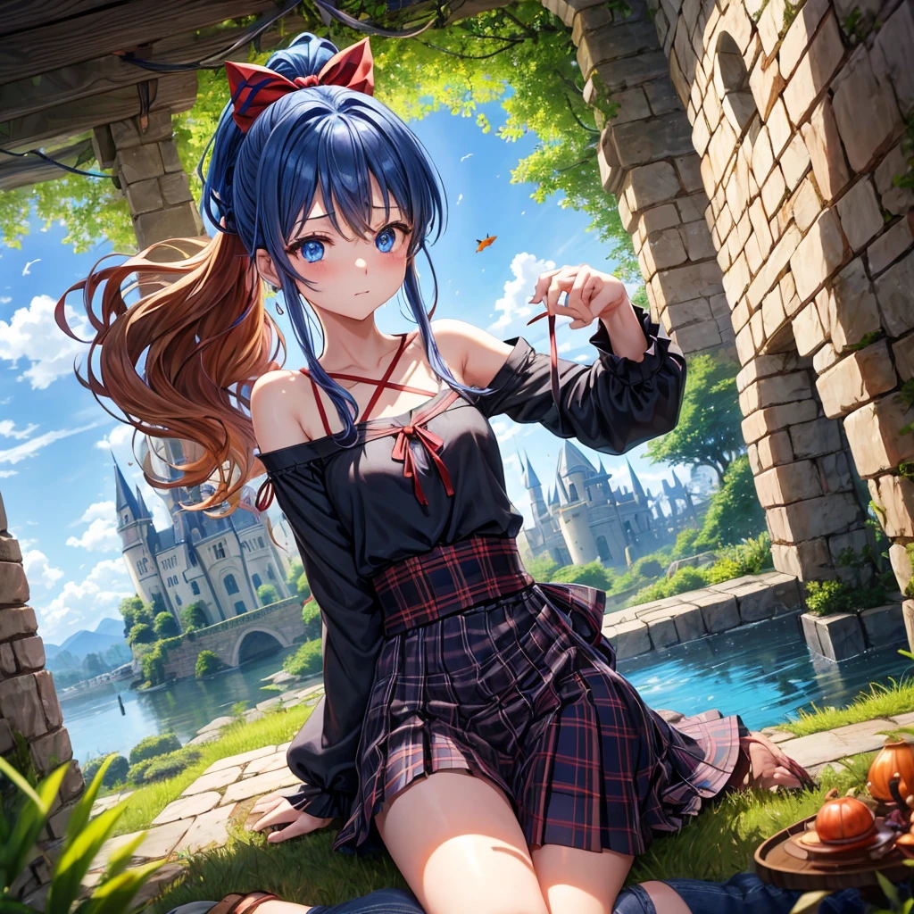 Blue Hair、Golden Eyes、Braid、One good looking girl、solo、anime、Checkered mini skirt、Ruffles on the skirt、Red T-shirt、Cape、Gothic、Black knee-high socks、bandana、Wearing a ribbon、Ribbon on waist、Tilting face、Teeth are visible、Sunset sky、Piercing the clouds、Contrail、tree、Touching your face、lotus leaves、Cumulonimbus、Pillar of Light、Magic wand、Sitting on a golden treasure chest、Throb