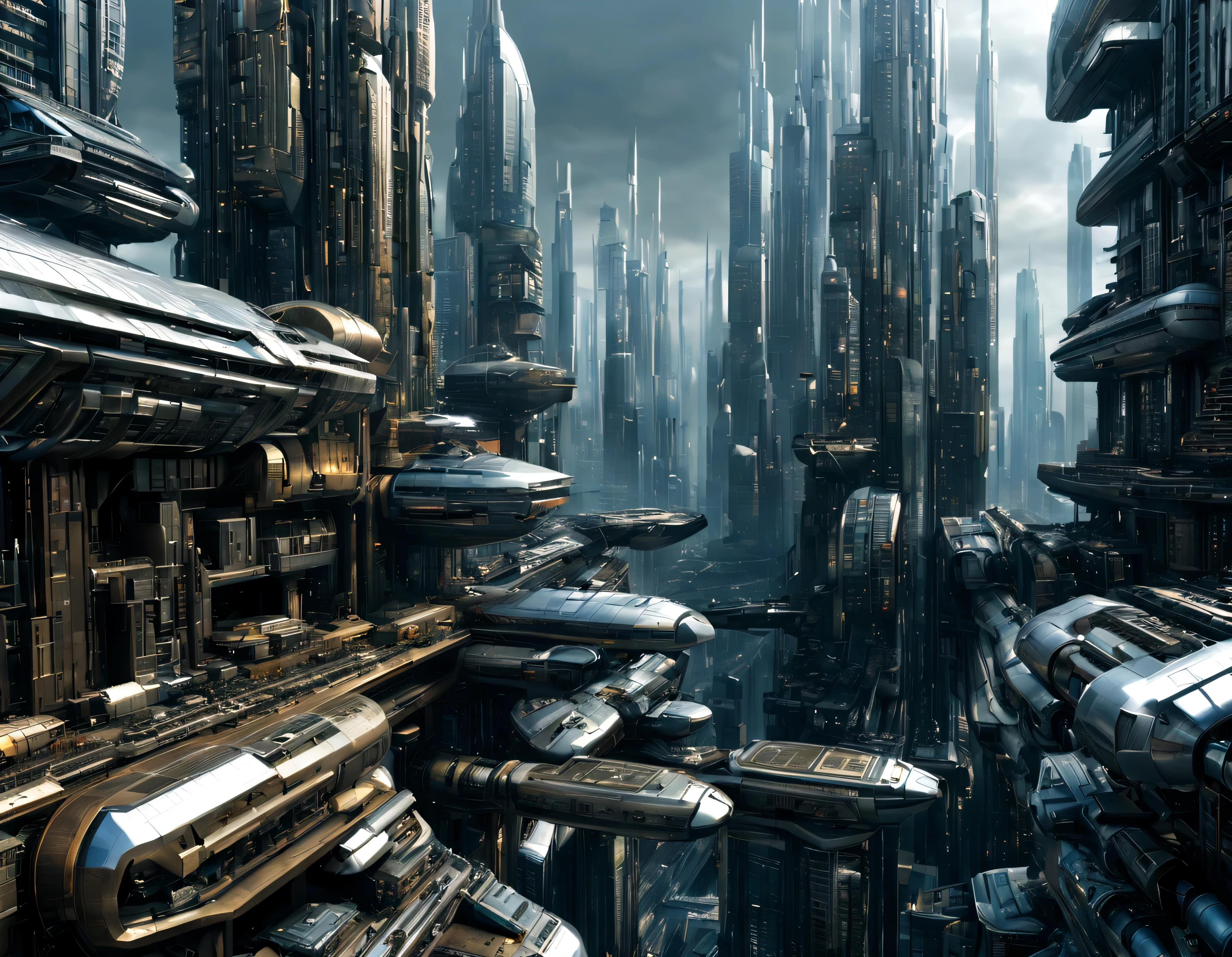 the city of megacity futuristic science fiction city as it would be in the year 3029, vista desde una terraza , with high-tech design , edificios de metal y cristal, highways crossing them, de una inmensidad impresionante, con el empleo de oro , silver and bronze in its construction, realmente impresionante a la vista, imagen bien definida, sharp well defined background, con muchos edificios juntos. sharp well defined 8k image. los edificios llegan alta el fondo.,8k. cinematographic image, renderizado 3d, ((obra maestra de superior calidad)).