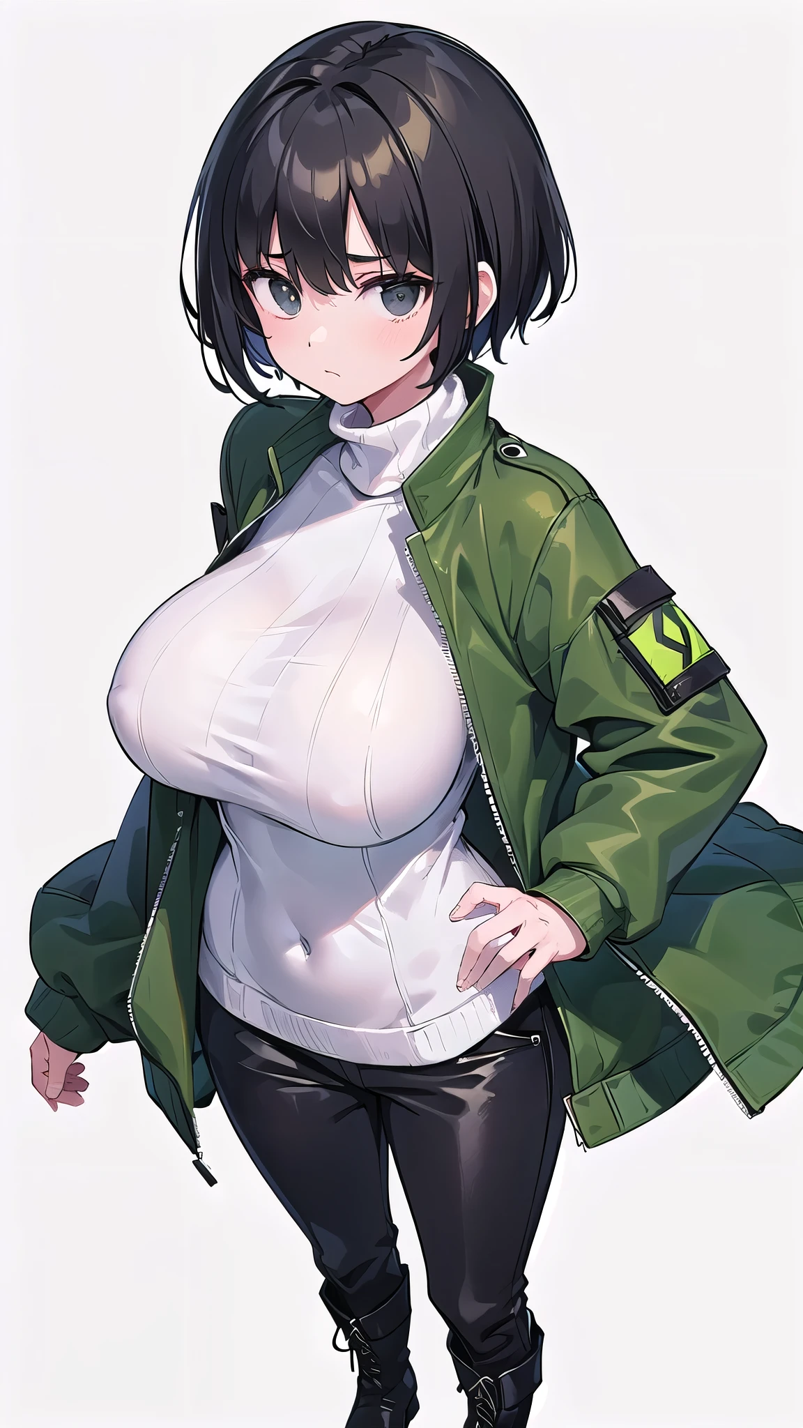 1 girl, ((Green flight jacket、White turtleneck sweater、black pants、boots)), huge breasts, black hair, short hair, straight hair, black eyes ,((white background)), ((whole body,Expressionless))、((facing forward、Standing picture))