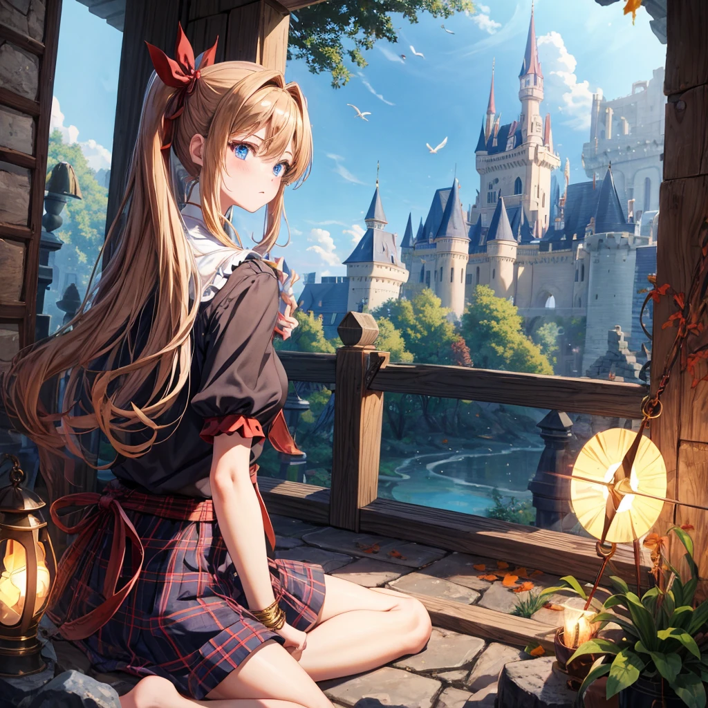 reddish-brown blonde、blue hair、blue eyes、ponytail、one good looking girl、solo、anime、Plaid miniskirt、camisole、sitting、black t-shirt、Tilting your face、Doing the ribbon、Ribbon at waist、sunset sky、broken stone steps、Remains、tunnel、Fallen leaves、Light and shadow、monster castle、One leg is raised、castle floating in the air、column、Jewelry box、flag、sparks fall、forest、Hand mirror、bondage、tall grass grows、cloak、circular cobblestone、the ground is cracked、aquarium、Vortex of Light、looking down、Fairies are flying