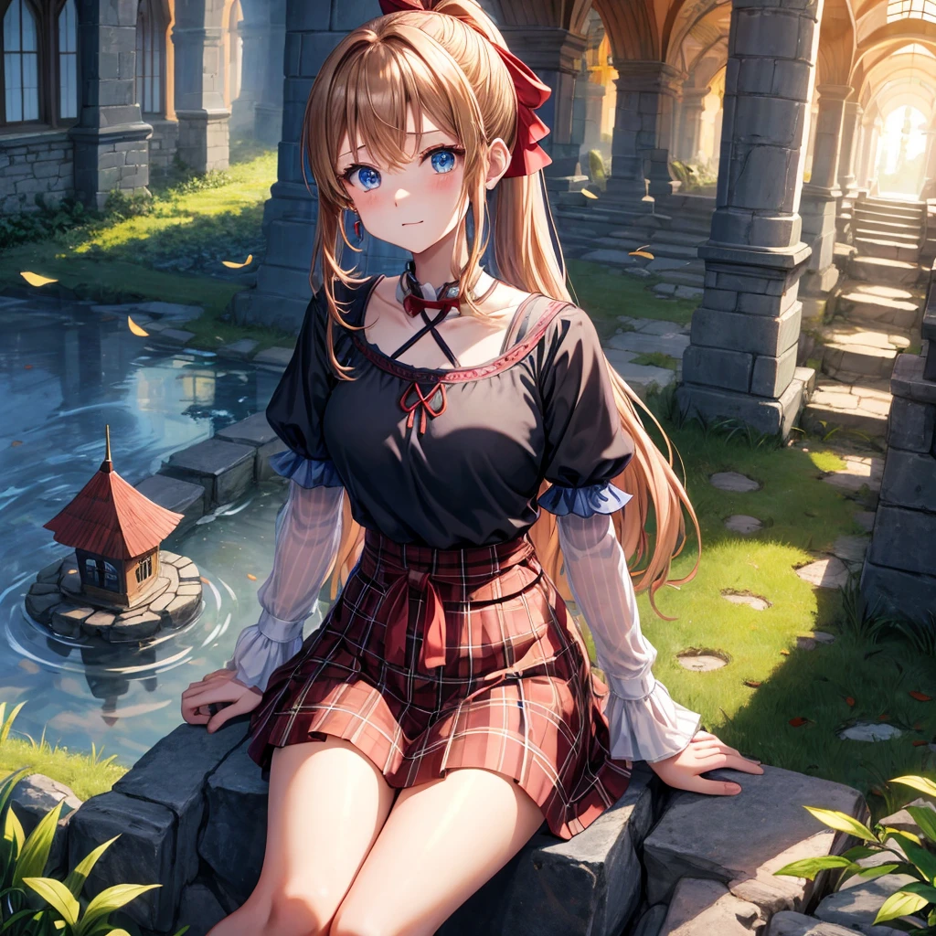 reddish-brown blonde、blue hair、blue eyes、ponytail、one good looking girl、solo、anime、Plaid miniskirt、camisole、sitting、black t-shirt、Tilting your face、Doing the ribbon、Ribbon at waist、sunset sky、broken stone steps、Remains、tunnel、Fallen leaves、Light and shadow、monster castle、One leg is raised、castle floating in the air、column、Jewelry box、flag、sparks fall、forest、Hand mirror、bondage、tall grass grows、cloak、circular cobblestone、the ground is cracked、aquarium、Vortex of Light、looking down、Fairies are flying
