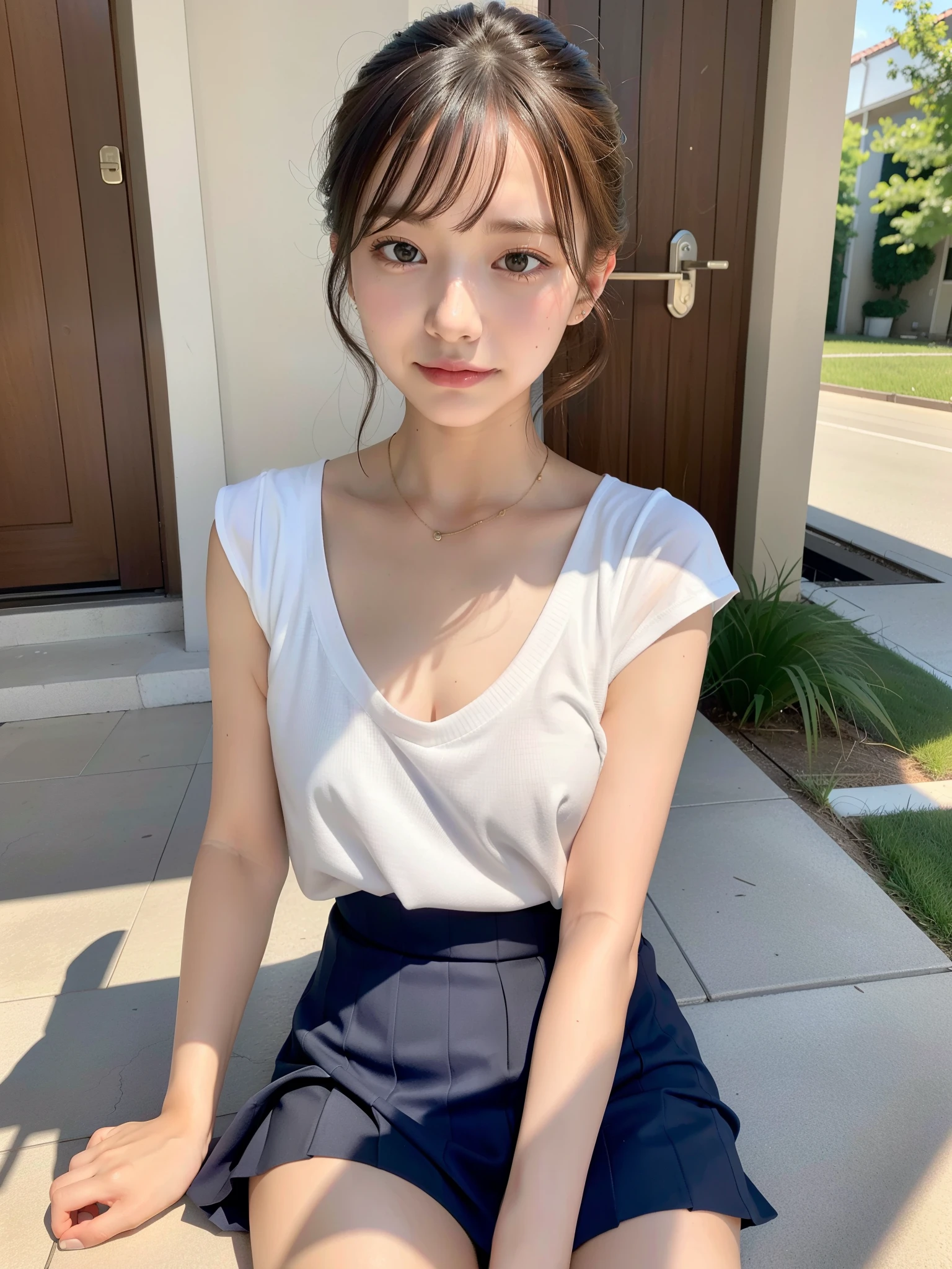 (8K、RAW photo、highest quality、masterpiece:1.2)、(realistic、Photoreal:1.37)、super detailed、超A high resolution、1 girl、see the beholder、beautiful and detailed face、laughter、narrow、(slim waist) :1.3)、Beautiful and smooth skin、skin texture、black haired、professional lighting、human body as a whole、long hair、Japanese height 、13 year old girl、plaid uniform skirt、young、School、Smile