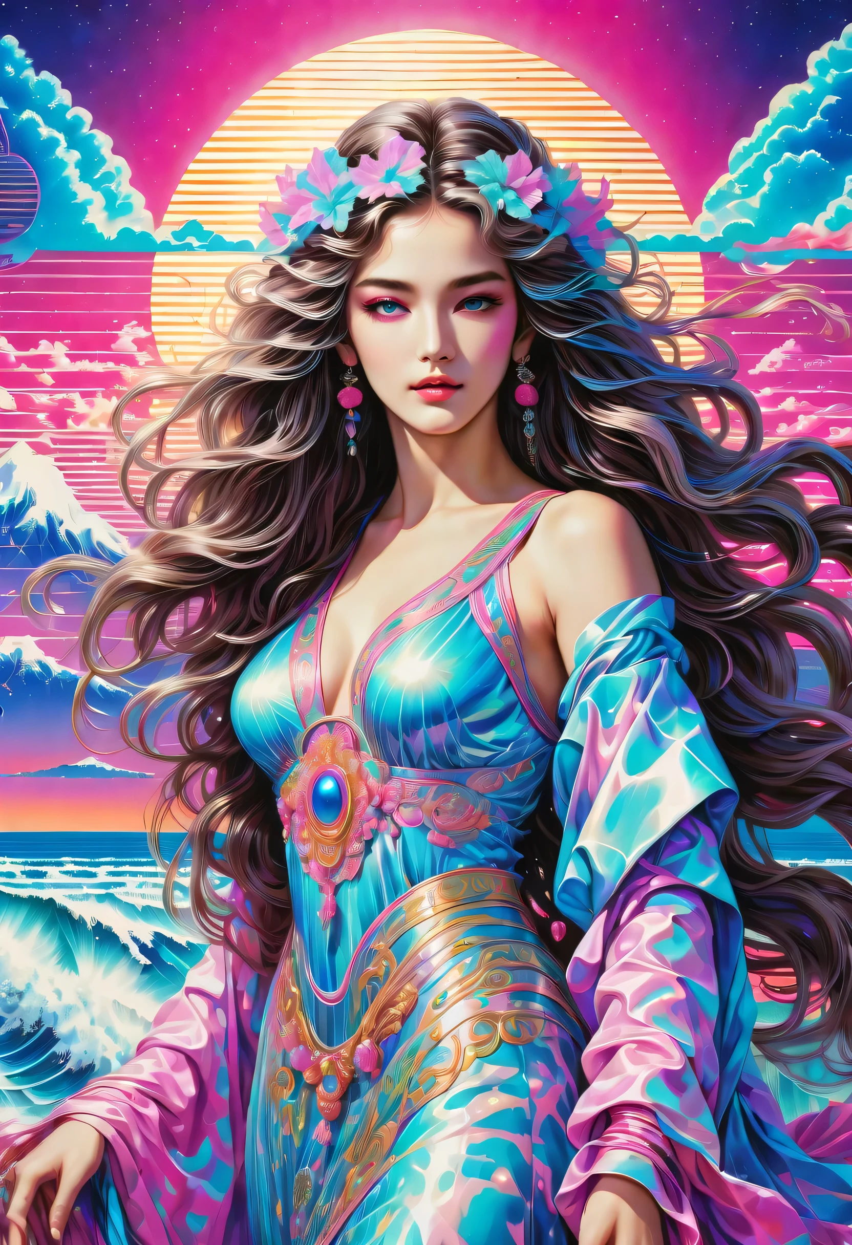 A surprisingly sacred goddess is depicted, Charming and seductive, flowing long hair, Shiny hair and enchanting beauty, glossy eyes, wearing an elaborate and elegant dress, (((Vaporwave aesthetic style:1.3))), Embodying the essence of the background of psychedelic trance and vaporwave aesthetics, high resolution painting, A shining presence, costumes with intricate details, Exudes supreme elegance, transcendental charm, matte brush strokes,