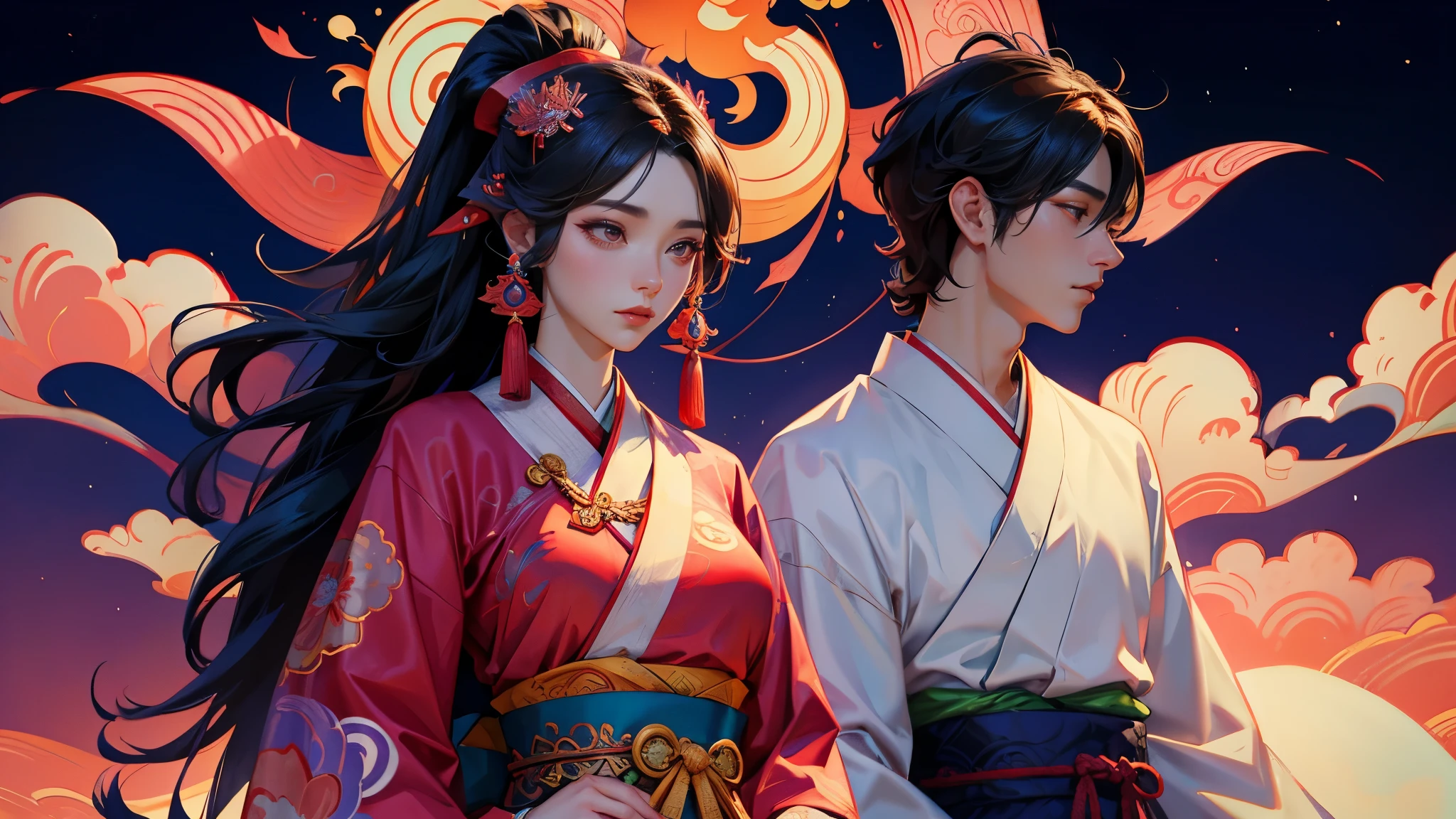 Susanoo, a beautiful Korean woman in traditional dress and her husband Jumong