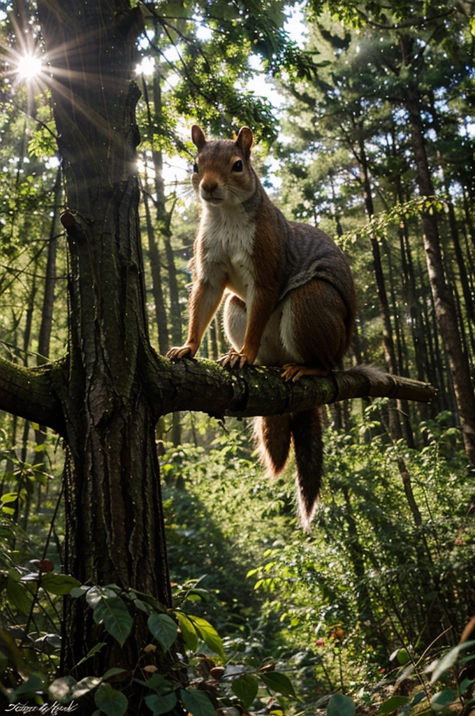 Beautiful summer forest with sun rays and a squirrel on a branch