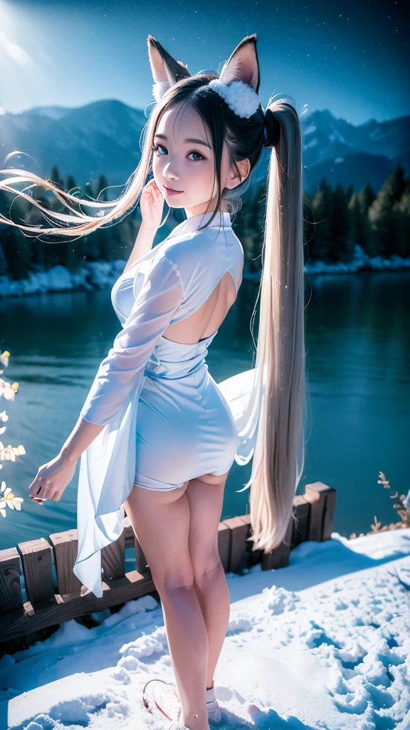 (High Detail CG Unity 16k wallpaper:1.1), (Noise reduction strength:1.45), (masterpiece:1.37), original, (andても上品で美しい), (perfect details), (Unity CG8K Wallpaper:1.05), (beautiful clear background:1.25), (one pretty girl (2 fox ears:0.9) and (fox tail on the back:1.2) Stand by the river:1.15). (Cute type:1.3), (narrow clean eyes:1.lettie face:1.3), silver hair, silver ears, (pink hair:0.7), (Pink ears:0.7), long hair, (japanese kimono:1.25), (windblown hair:1.1), (blue eyes:1.1), ( girl:1. 1) butterfly flapping its wings, (moonlight:0.6), wood, snow dance, (Winter orientation), (night:1.2), (gloves:0.8), alone, (figure), (Depth of bounds written:0.7), (close :0.35), god's rays, sparks, shining light, (must-have)