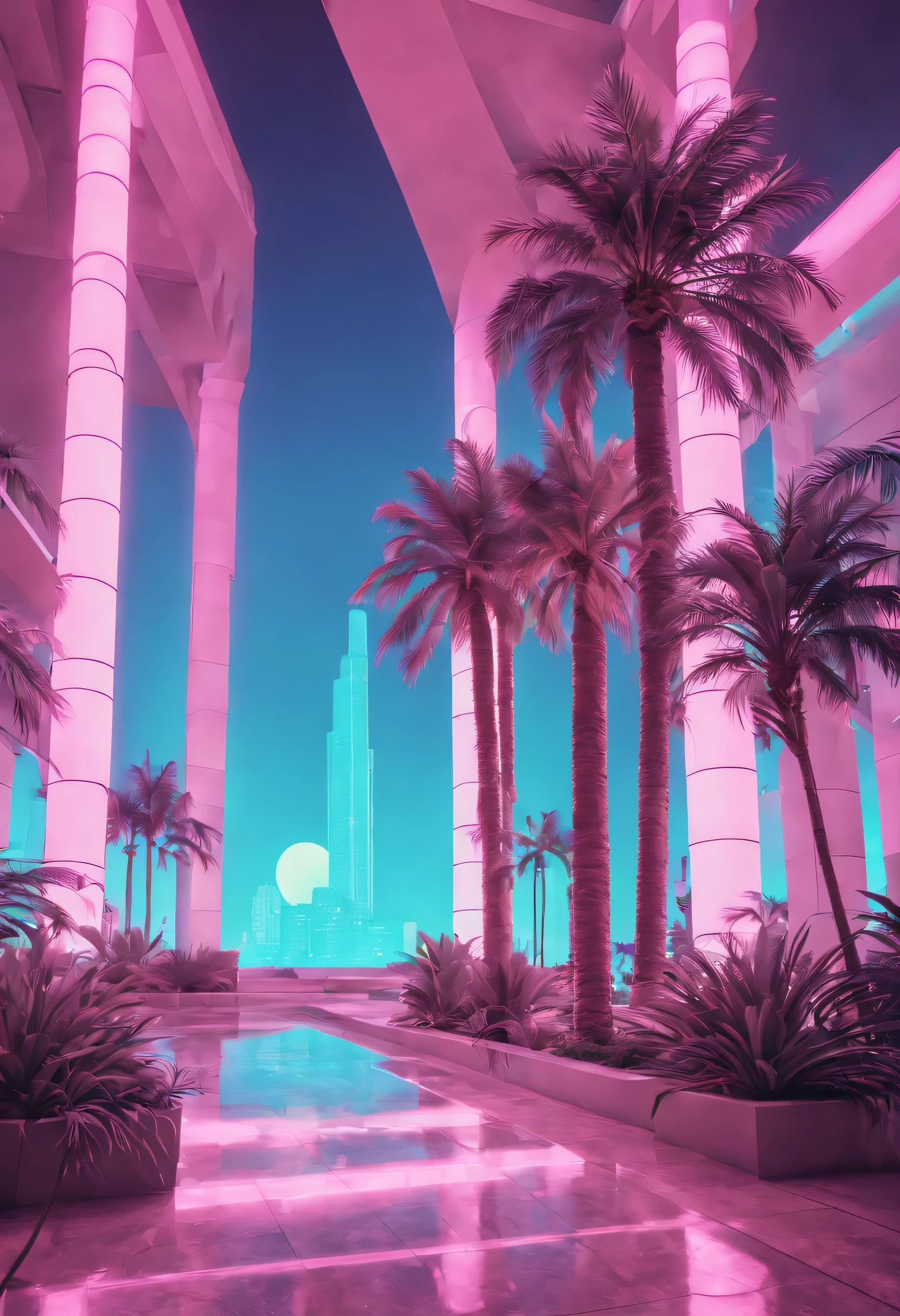 vaporwave aesthetics, psychedelic atmosphere, retro charm, dream nature, The splendor of Art Deco, Synthwave Palette, soft neon light, dreamlike surrealism, soft focus cityscape, Geometric patterns, chrome decoration, 80s nostalgia, statuesque elegance, intricate line art, Marble texture, cybernetic plant, Retro futuristic skyline, digital palm tree, Sunset refracted through prism gradient, Nostalgic VHS quality, floating geometric shapes, Ethereal synth track, virtual paradise, (best quality,4K,8k,high resolution,masterpiece:1.2), super detailed, (actual,photoactual,photo-actual:1.37), (otherworldly beauty:1.1), holographic illusion, Visual echoes of a bygone era, (retro tech:1.1), (Luxurious decorative design:1.1), The past meets the future, (euphoric trance:1.1), Vaporwave Sculpture, digital flora, light and light, (nostalgic euphoria:1.1), Vaporwave Fantasy, (elegant symmetry:1.1), soft neon spectrum