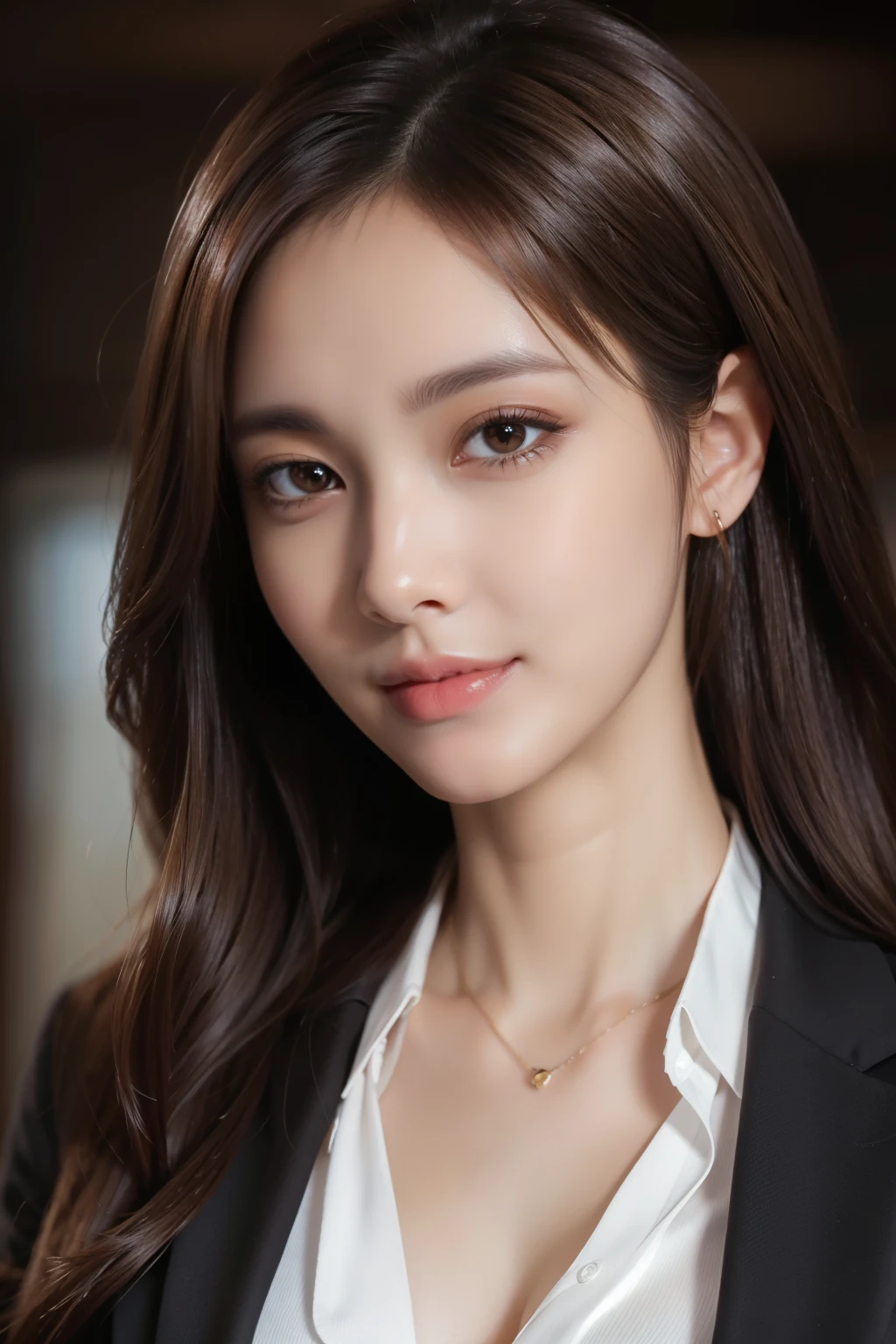 table top, highest quality, realistic, super detailed, finely, High resolution, 8k wallpaper, 1 beautiful woman,, light brown messy hair, wearing a business suit, sharp focus, perfect dynamic composition, beautiful and fine eyes, fine hair, Detailed realistic skin texture, smile, close-up portrait, model body shape