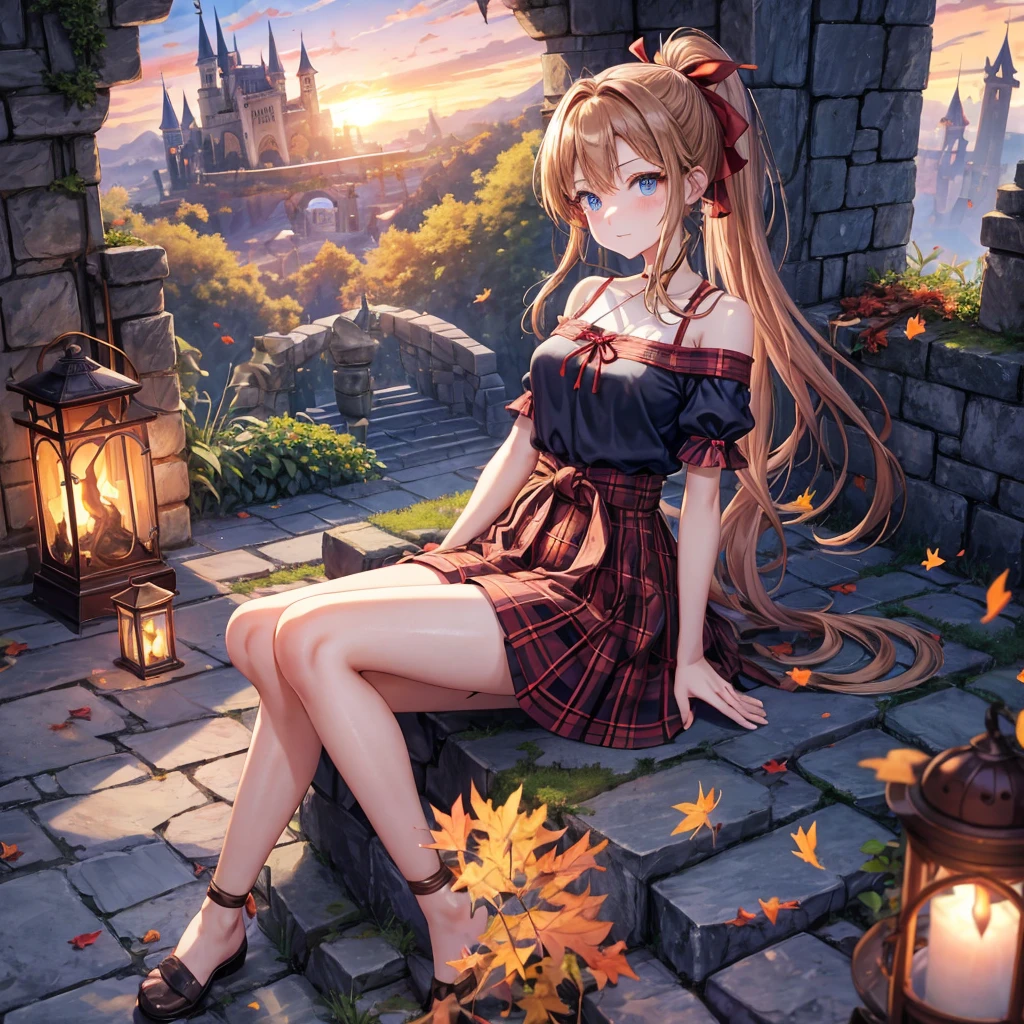 reddish-brown blonde、blue hair、blue eyes、ponytail、one good looking girl、solo、anime、Plaid miniskirt、camisole、sitting、black t-shirt、Tilting your face、Doing the ribbon、Ribbon at waist、sunset sky、broken stone steps、Remains、tunnel、Fallen leaves、Light and shadow、monster castle、One leg is raised、castle floating in the air、column、Jewelry box、flag、sparks fall、forest、Hand mirror、bondage、tall grass grows、cloak、circular cobblestone、the ground is cracked、aquarium、Vortex of Light、looking down、Fairies are flying
